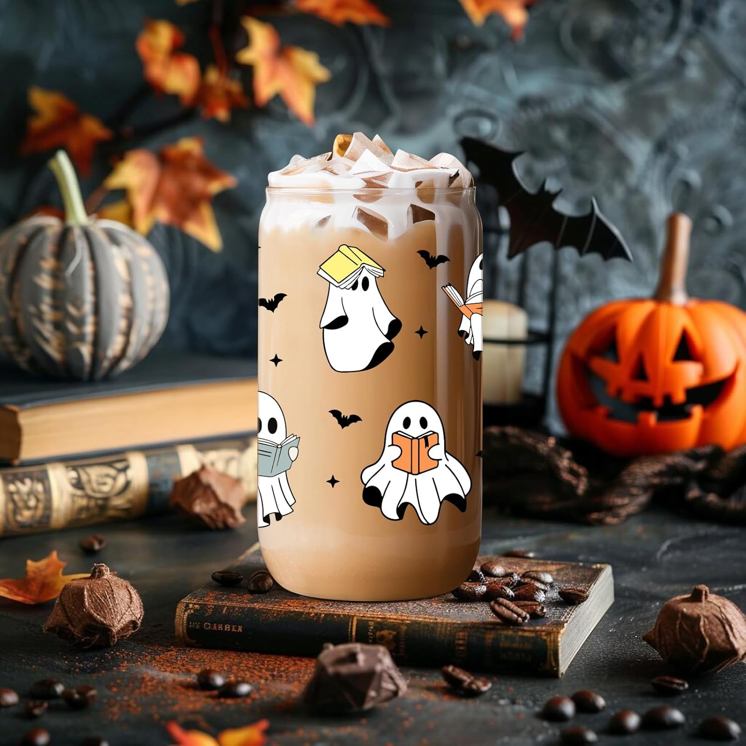 Fairy's Gift Ghost Reader Halloween Cup, Cute Spooky Gifts for Book Lovers, 16 oz Iced Coffee Tumbler Cup w/Lid Straw, Book Themed Bookworm Bookish Reading Halloween Gifts for Women Librarian Reader - Halloween Happy