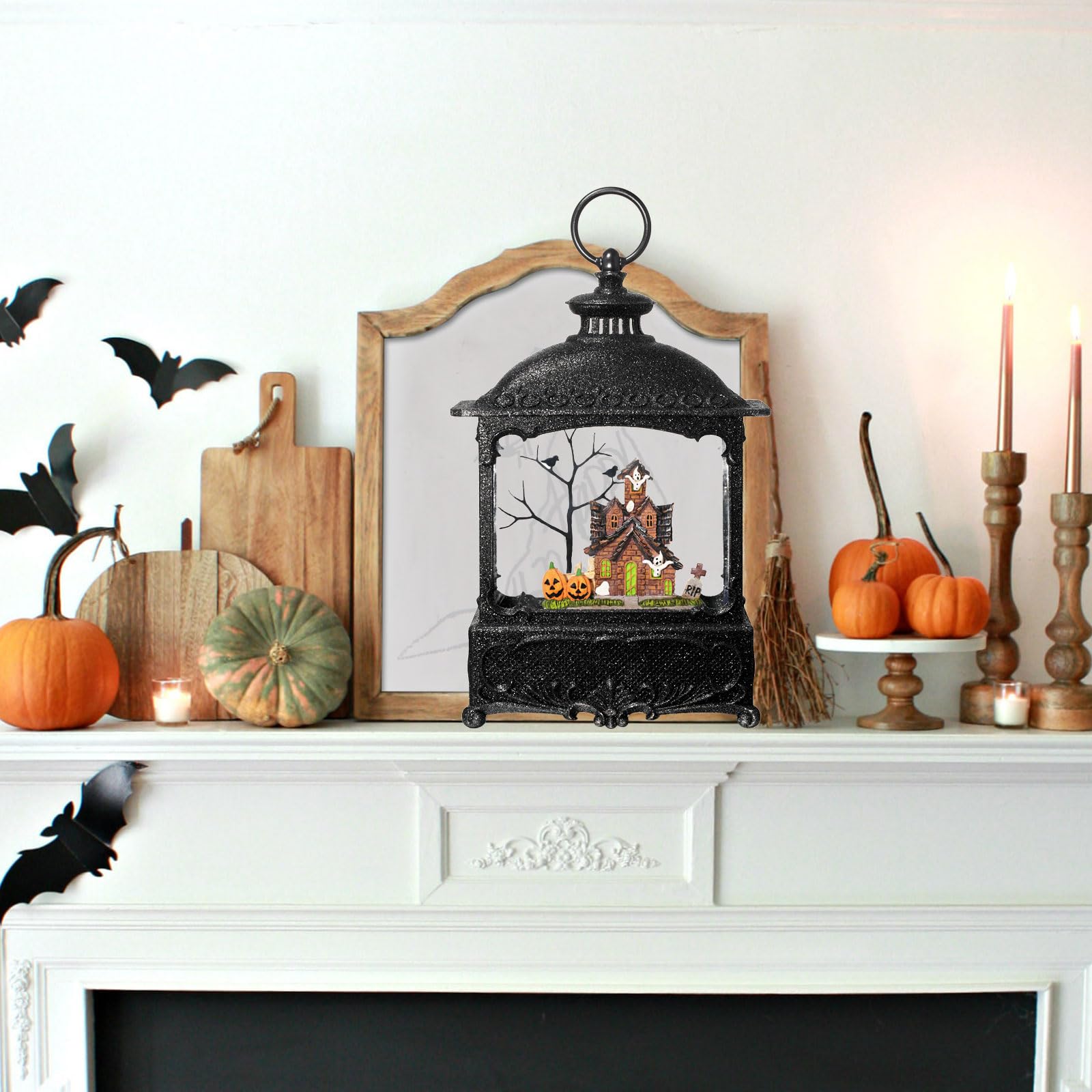 Halloween Snow Globe Lantern Haunted House Pumpkin Ghost Tree Crow Rip Dancing Bats with Timer, USB and Battery Powered 12 inch - Halloween Happy