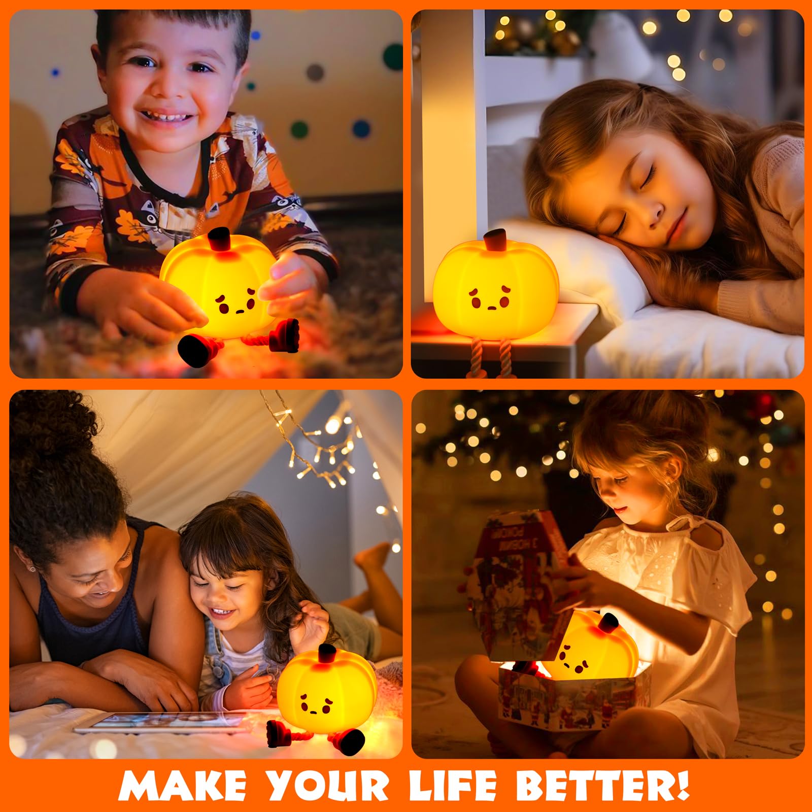 Pumpkin Night Light, Cute LED Lamp, Silicone Dimmable Nursery Nightlight for Kids, Silicone Rechargeable Bedside Touch Lamp, Funny Office Desk and Halloween Decor for Woman and Kids - Halloween Happy