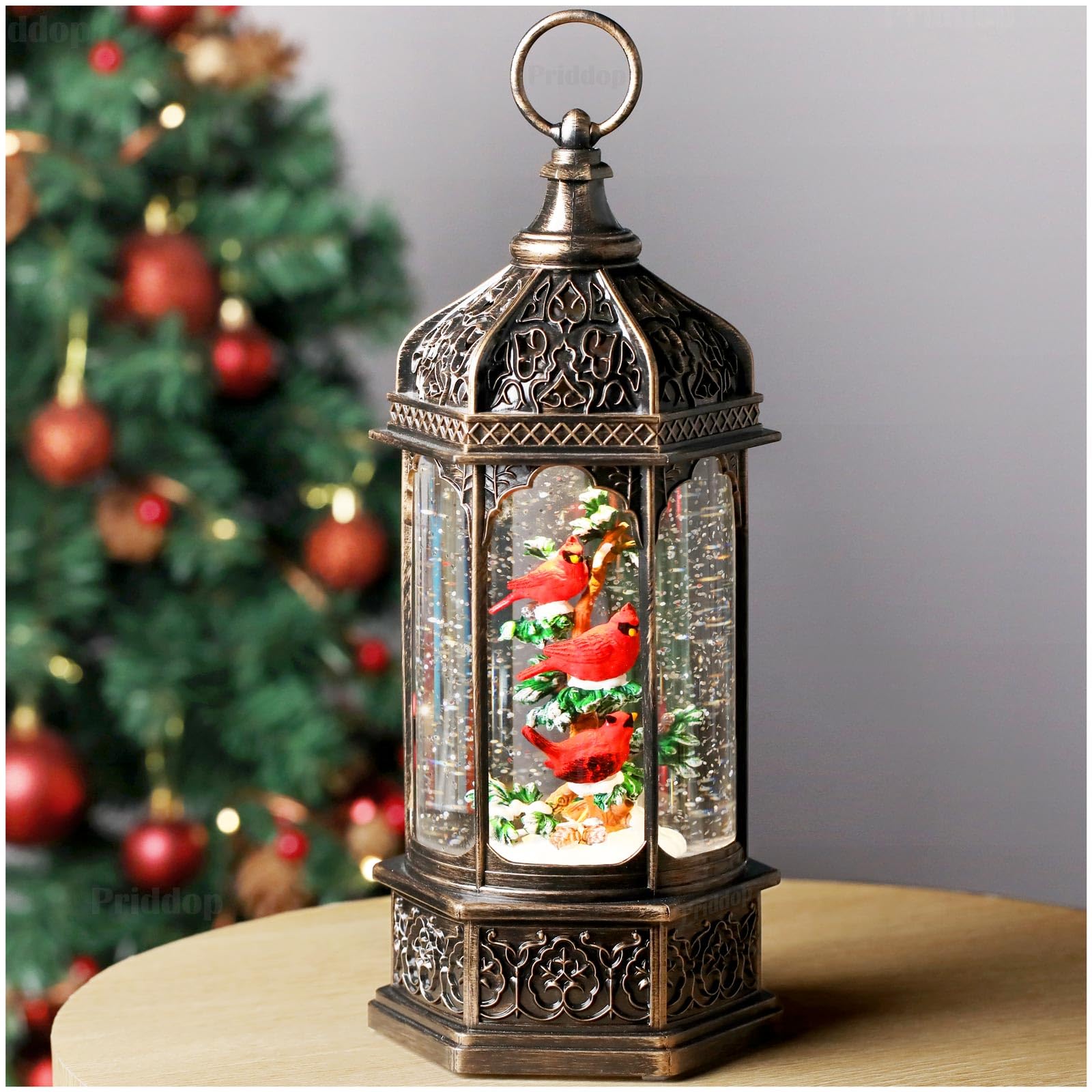 Halloween Snow Globe Lantern Haunted House Pumpkin Ghost Tree Crow Rip Dancing Bats with Timer, USB and Battery Powered 12 inch - Halloween Happy