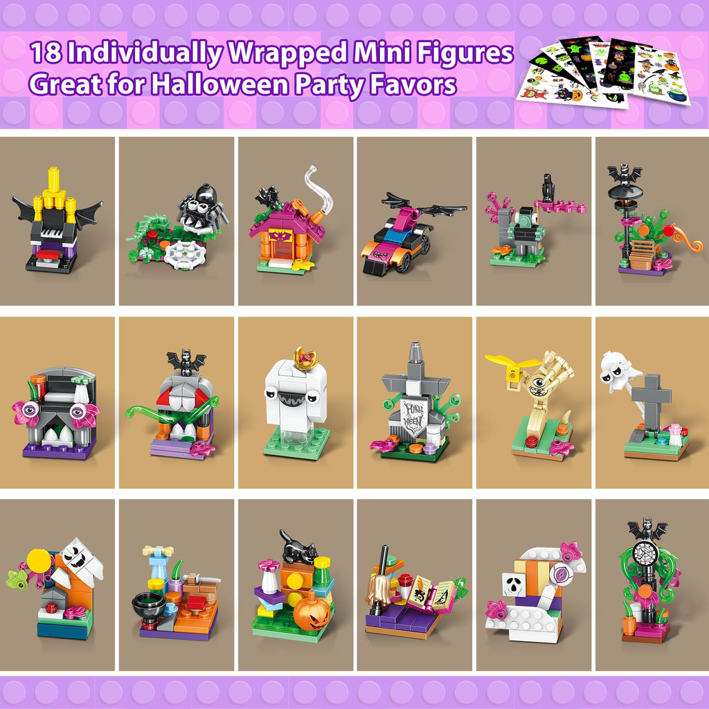 Halloween Building Set – Trick - or - Treat Toy for Kids, 6 - in - 1 Building Blocks with 18 Mini Packs, Pumpkin Patch, Ghost & Bat Scenes, Glow Tattoos, Pretend Play, Halloween Party Favors, Boys & Girls 6+ - Halloween Happy