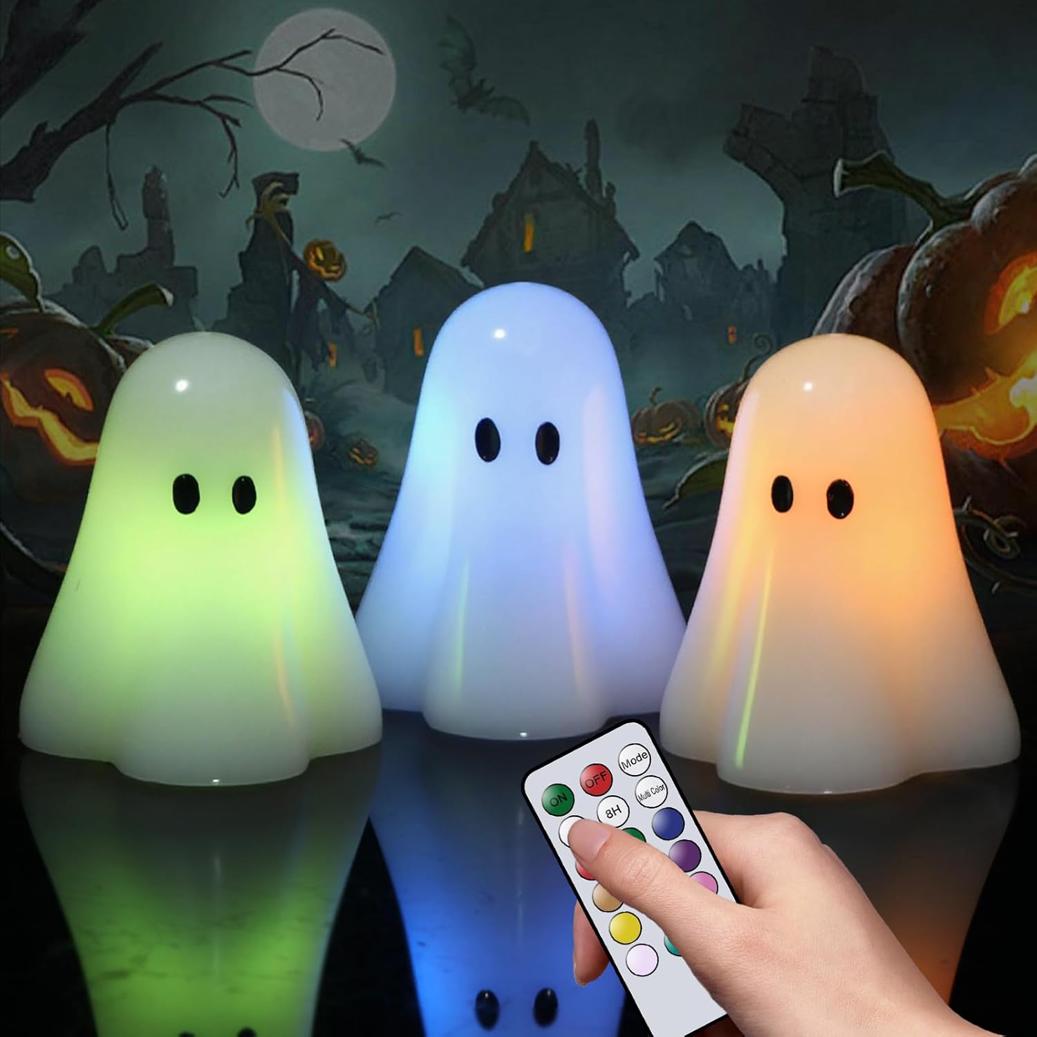 Wondise Halloween Flameless Candles Color Changing with Remote Timer, Real Wax Battery Operated Flickering Halloween Spooky Ghost Candles for Halloween Decoration Gift （D 3" x H 3.5"） - Halloween Happy
