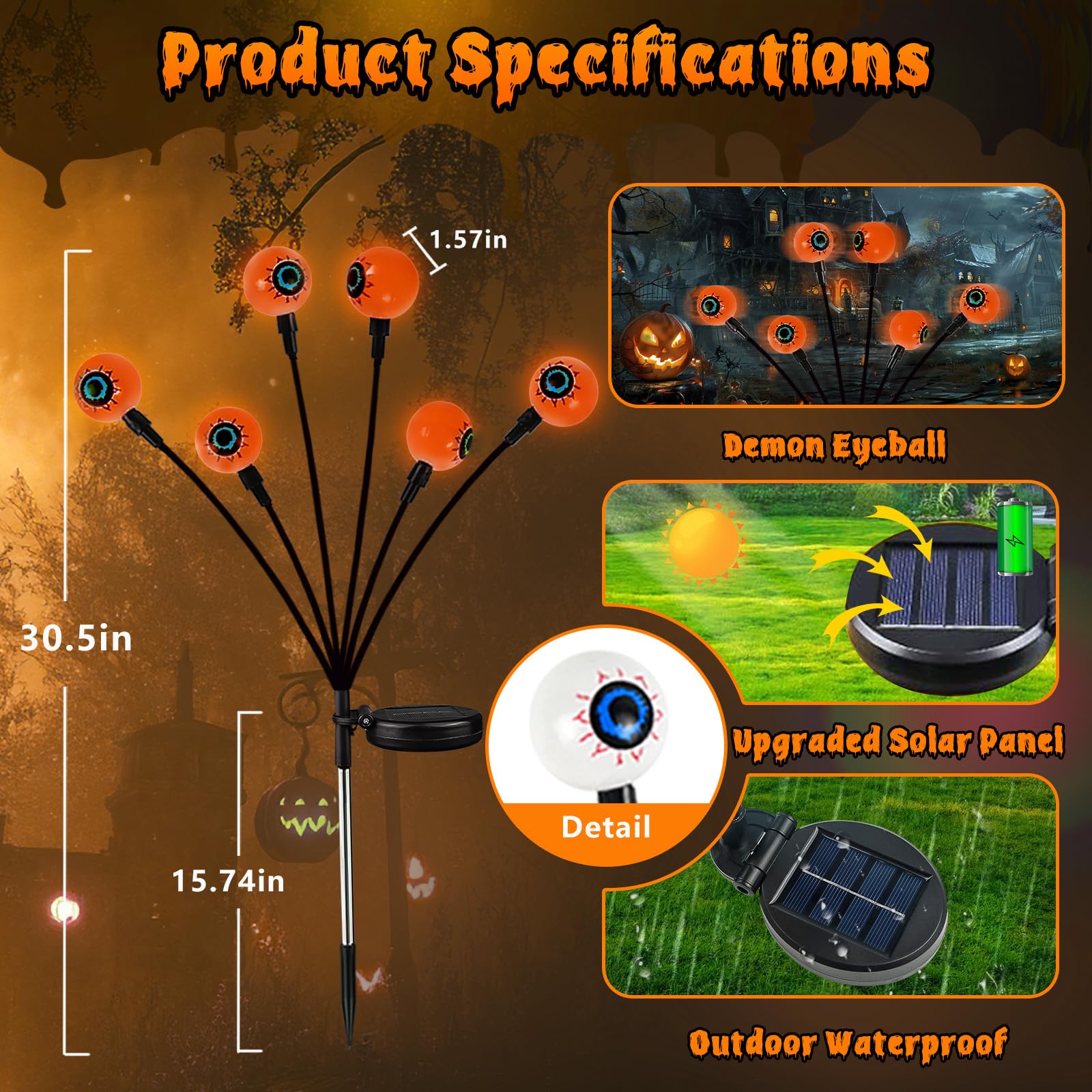 6 Pack Solar Eyeball Lights for Halloween Decorations Outdoor, 36 LED Green Eyeball Solar Halloween Lights, Waterproof Swaying Firefly Lights with 2 Modes for Pathway Patio Yard Lawn Garden Decor - Halloween Happy