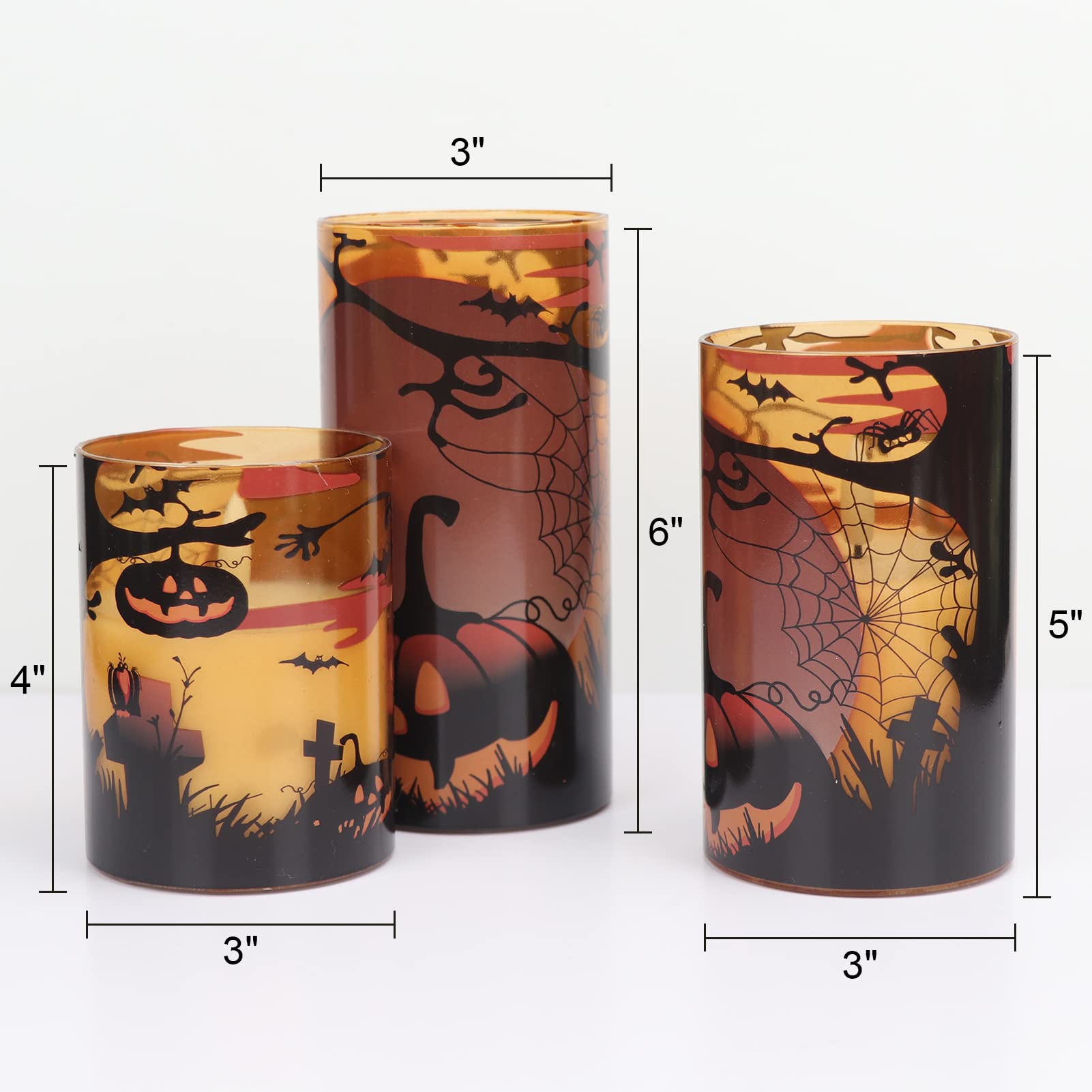 Eldnacele Halloween LED Flameless Flickering Candles Battery Operated with 6H Timer Skull Spider Web Crow Raven Spooky Decals Halloween Themed Indoor Decoration(3 Pack, D3 x H6) - Halloween Happy