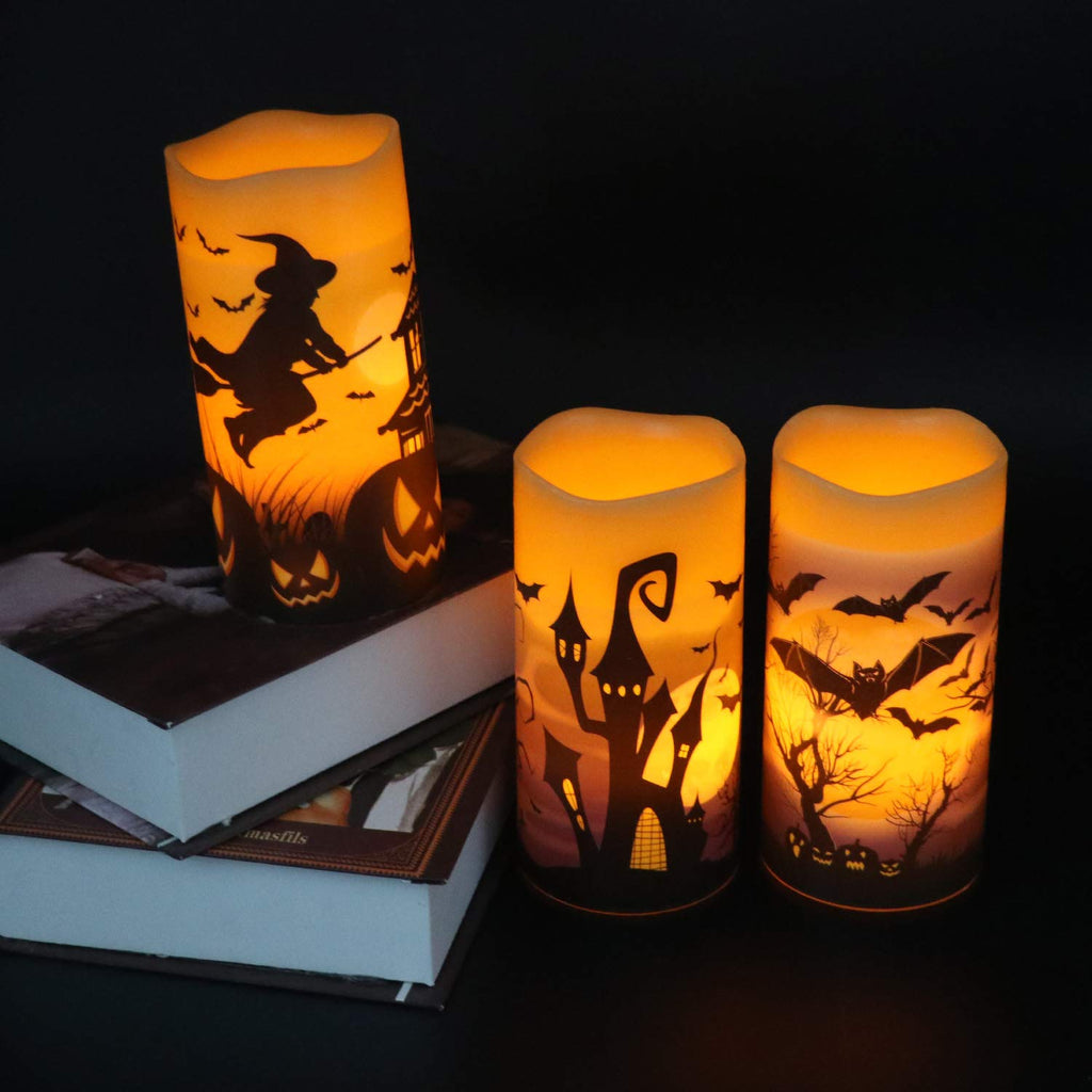 Eldnacele Halloween LED Flameless Flickering Candles Battery Operated with 6H Timer Skull Spider Web Crow Raven Spooky Decals Halloween Themed Indoor Decoration(3 Pack, D3 x H6) - Halloween Happy