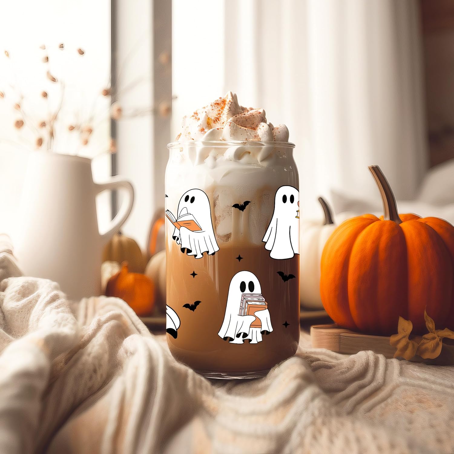 Fairy's Gift Ghost Reader Halloween Cup, Cute Spooky Gifts for Book Lovers, 16 oz Iced Coffee Tumbler Cup w/Lid Straw, Book Themed Bookworm Bookish Reading Halloween Gifts for Women Librarian Reader - Halloween Happy