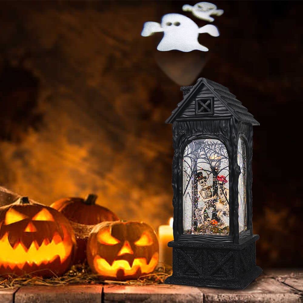 Eldnacele Halloween Ghost Projection Snow Globe Lantern with 6 - Hour Timer, Lighted Plug - in & Battery Operated Water Glittering Snowing Globe Lamp for Spooky Fall Halloween Indoor Decoration(Skeleton) - Halloween Happy