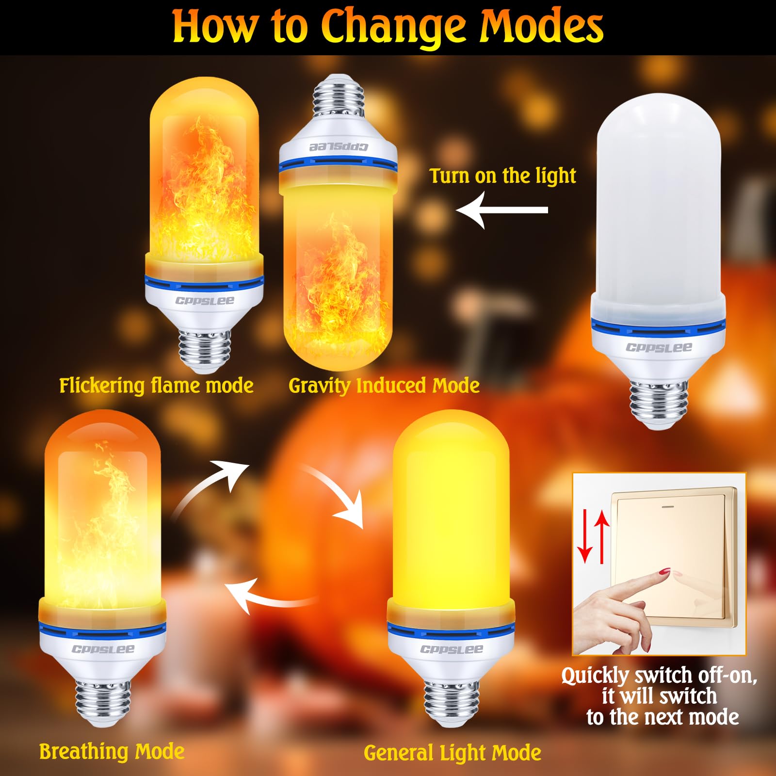 Halloween Decorations Upgraded LED Flame Light Bulbs, 4 Modes Flickering Light Bulbs, E26 Base Fire Flame Bulb, Christmas Lights Patio Outdoor Indoor Home Decor (Yellow, 2 Pack) - Halloween Happy