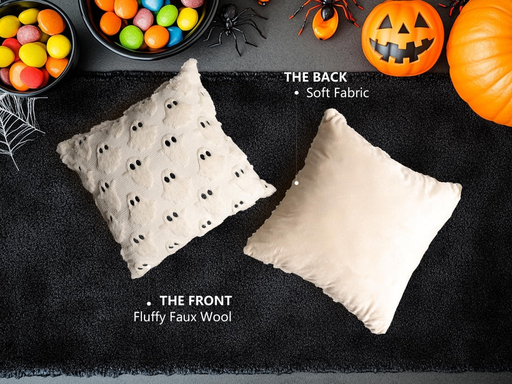 4TH Emotion Halloween Ghost Decorative Pillow Covers 18x18 Set of 2, White Soft Plush Faux Fur Farmhouse Throw Cushion Cases for Fall Autumn Holiday Home Decorations - Halloween Happy