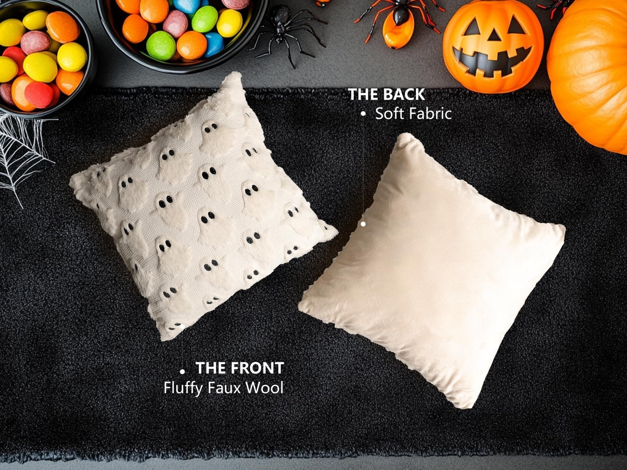 4TH Emotion Halloween Ghost Decorative Pillow Covers 18x18 Set of 2, White Soft Plush Faux Fur Farmhouse Throw Cushion Cases for Fall Autumn Holiday Home Decorations - Halloween Happy