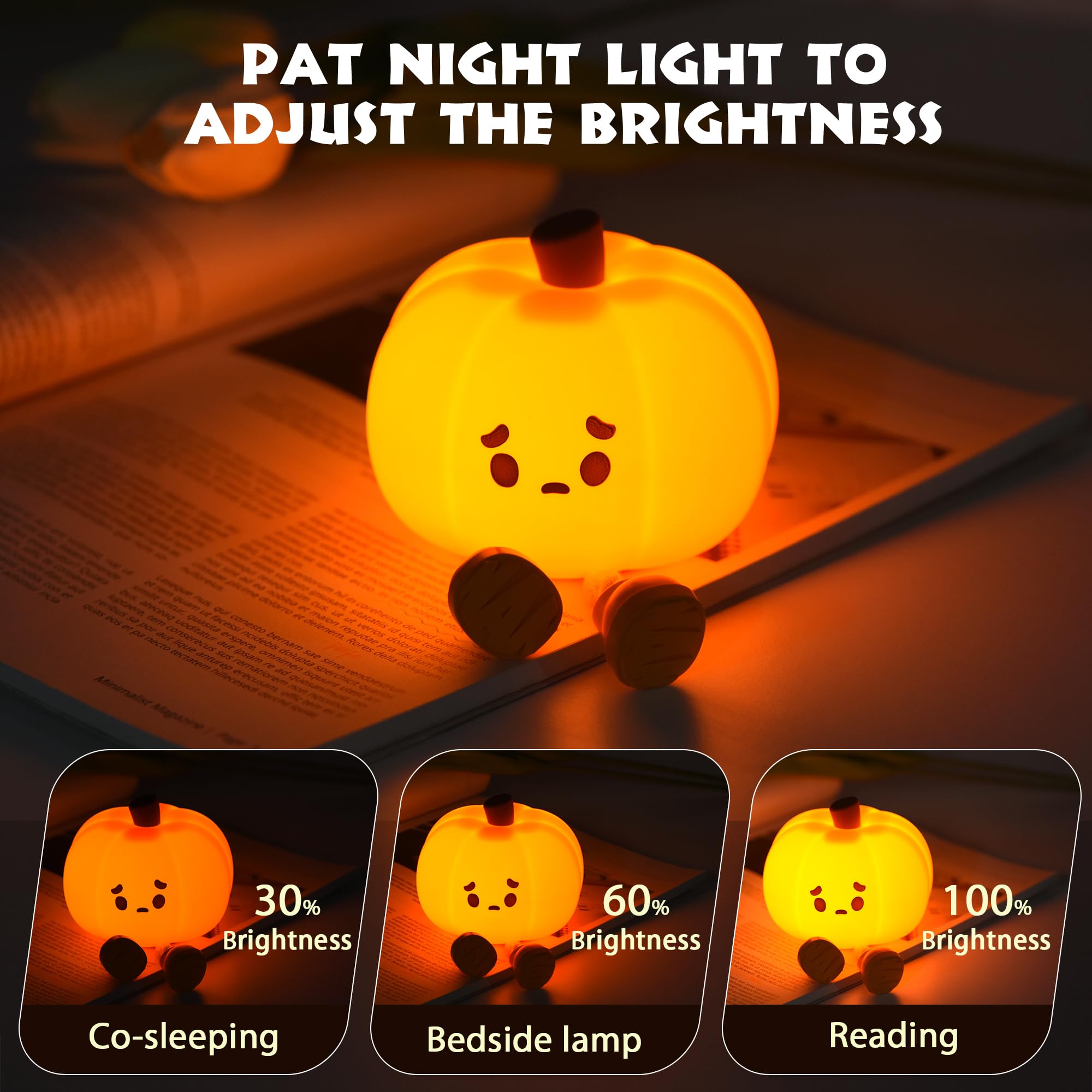 Pumpkin Night Light, Cute LED Lamp, Silicone Dimmable Nursery Nightlight for Kids, Silicone Rechargeable Bedside Touch Lamp, Funny Office Desk and Halloween Decor for Woman and Kids - Halloween Happy