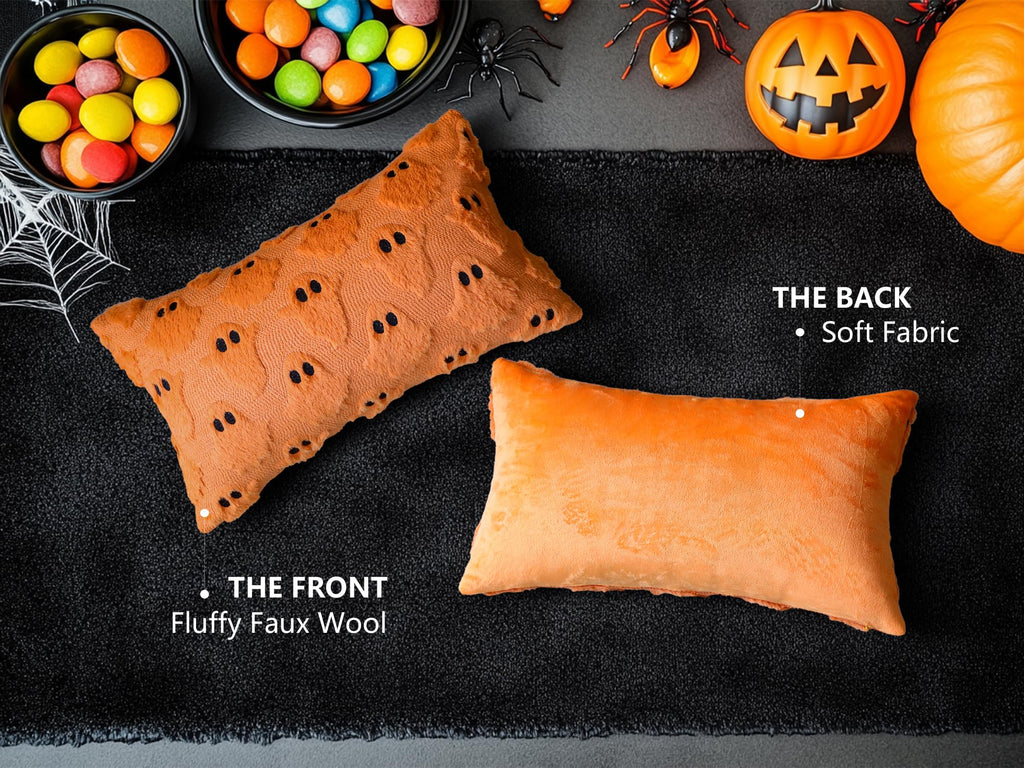 4TH Emotion Halloween Ghost Decorative Pillow Covers 18x18 Set of 2, White Soft Plush Faux Fur Farmhouse Throw Cushion Cases for Fall Autumn Holiday Home Decorations - Halloween Happy