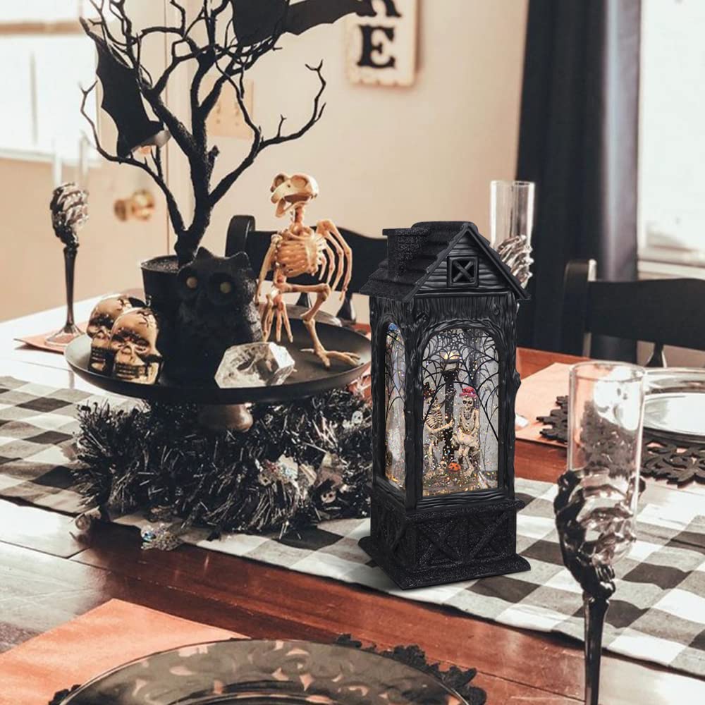 Eldnacele Halloween Ghost Projection Snow Globe Lantern with 6 - Hour Timer, Lighted Plug - in & Battery Operated Water Glittering Snowing Globe Lamp for Spooky Fall Halloween Indoor Decoration(Skeleton) - Halloween Happy