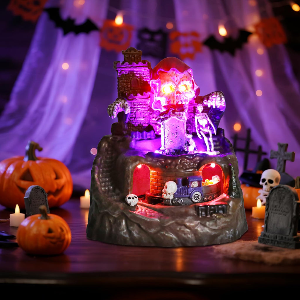 Halloween Village Houses Decorations, Lighted Haunted House with Animated Train and Scary Music, Resin Spooky Skull Village Collections for Holiday Party Table Indoor Home Decor - Halloween Happy