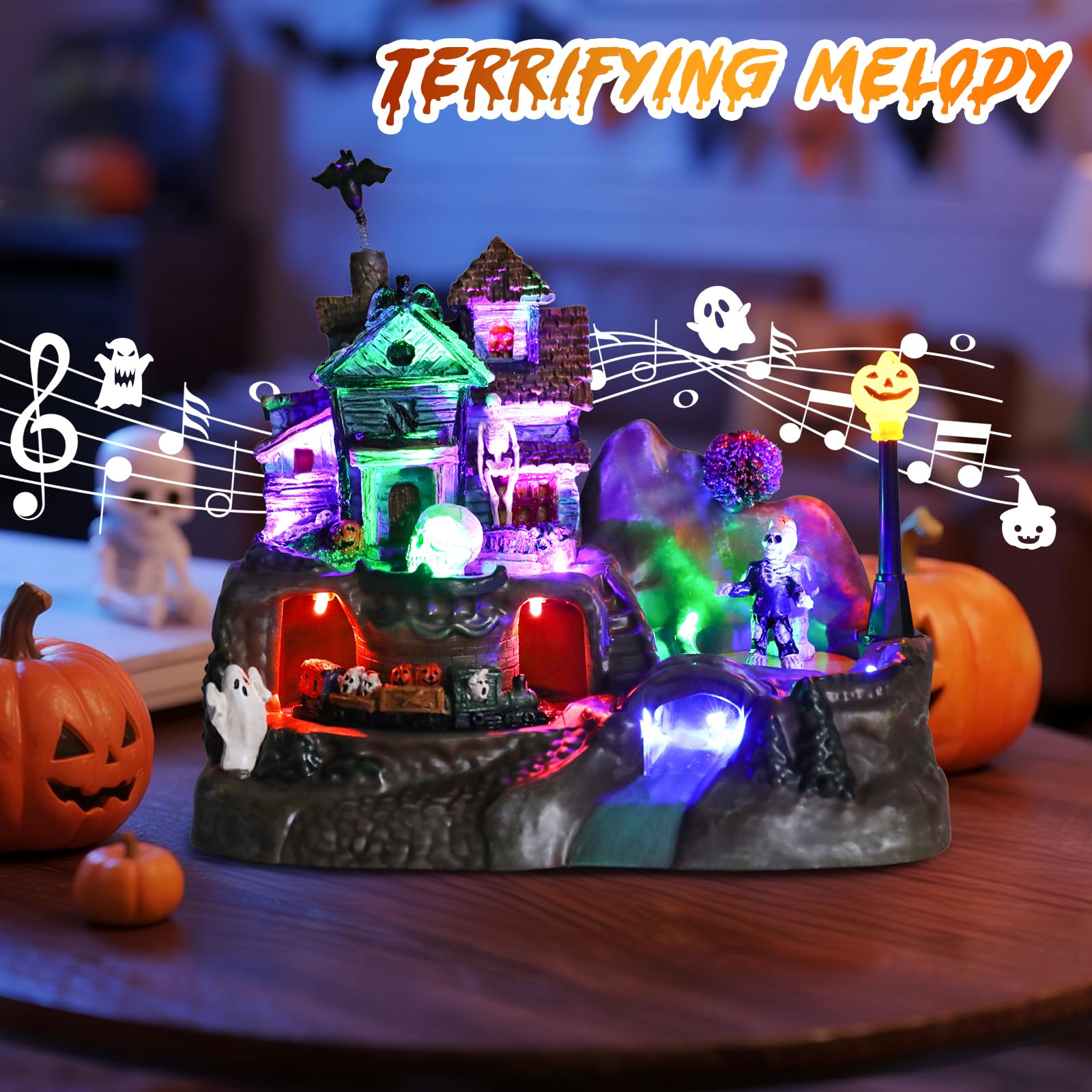 Halloween Village Houses Decorations, Lighted Haunted House with Animated Train and Scary Music, Resin Spooky Skull Village Collections for Holiday Party Table Indoor Home Decor - Halloween Happy