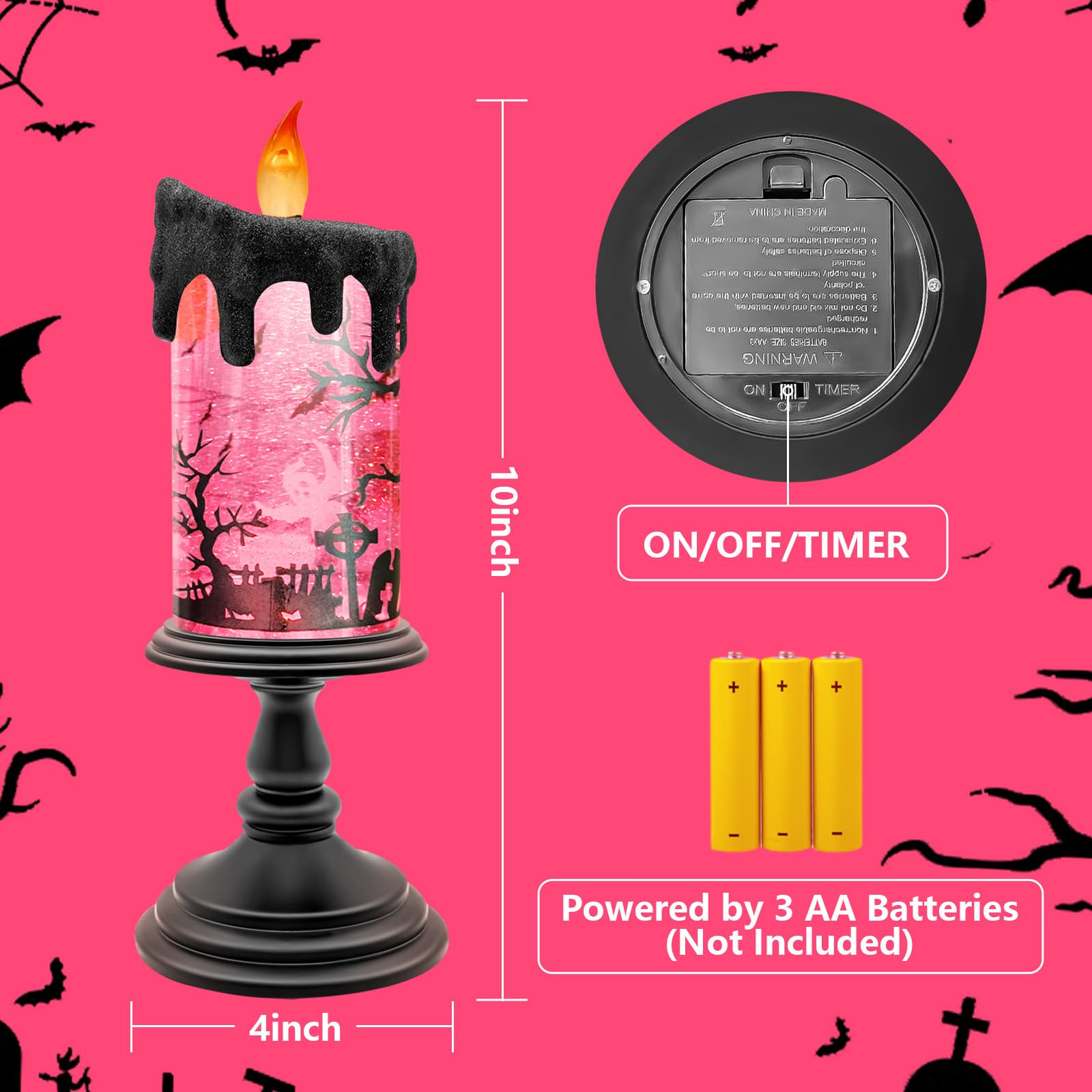 Halloween Snow Globe Flameless Candle – Lighted Halloween Glitter Lantern with Spinning Water and Timer, Pumpkin & Bat Scene Halloween Decor for Home, Party, Table Centerpiece - Halloween Happy