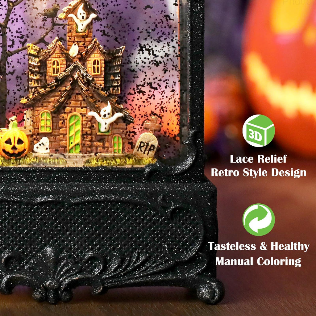 Halloween Snow Globe Lantern Haunted House Pumpkin Ghost Tree Crow Rip Dancing Bats with Timer, USB and Battery Powered 12 inch - Halloween Happy