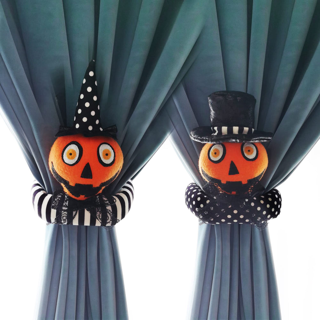 Ogrmar 2 Pack Halloween Curtain Buckle Doll Pumpkin Curtain Tieback Hold Back Fastener for Window Home Hotel Room Decoration (Orange and Black) - Halloween Happy