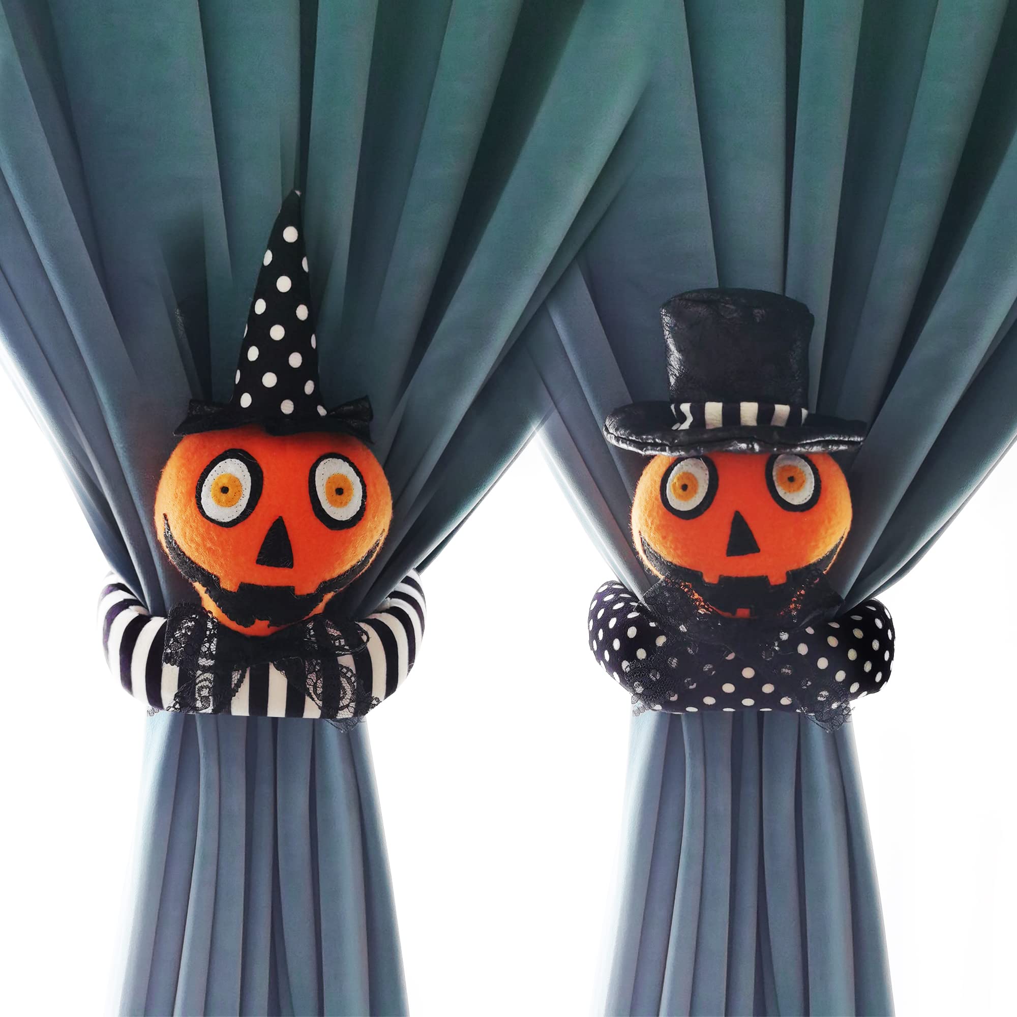 Ogrmar 2 Pack Halloween Curtain Buckle Doll Pumpkin Curtain Tieback Hold Back Fastener for Window Home Hotel Room Decoration (Orange and Black) - Halloween Happy