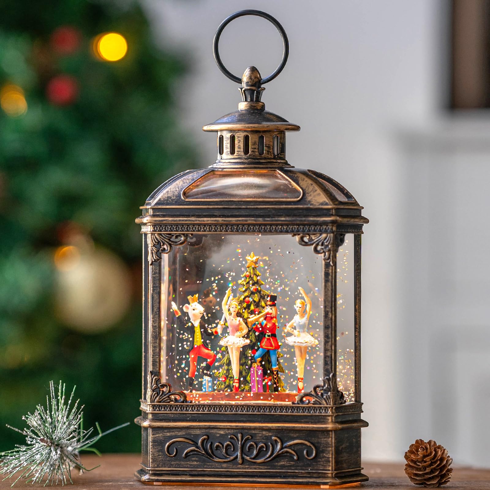 Halloween Snow Globe Lantern Water Glittering Spooky Witch' s Black Cat in Pumpkins with Music, USB Lined/Battery Operated Lighted Lantern for Halloween Festival Decoration Gifts - Halloween Happy