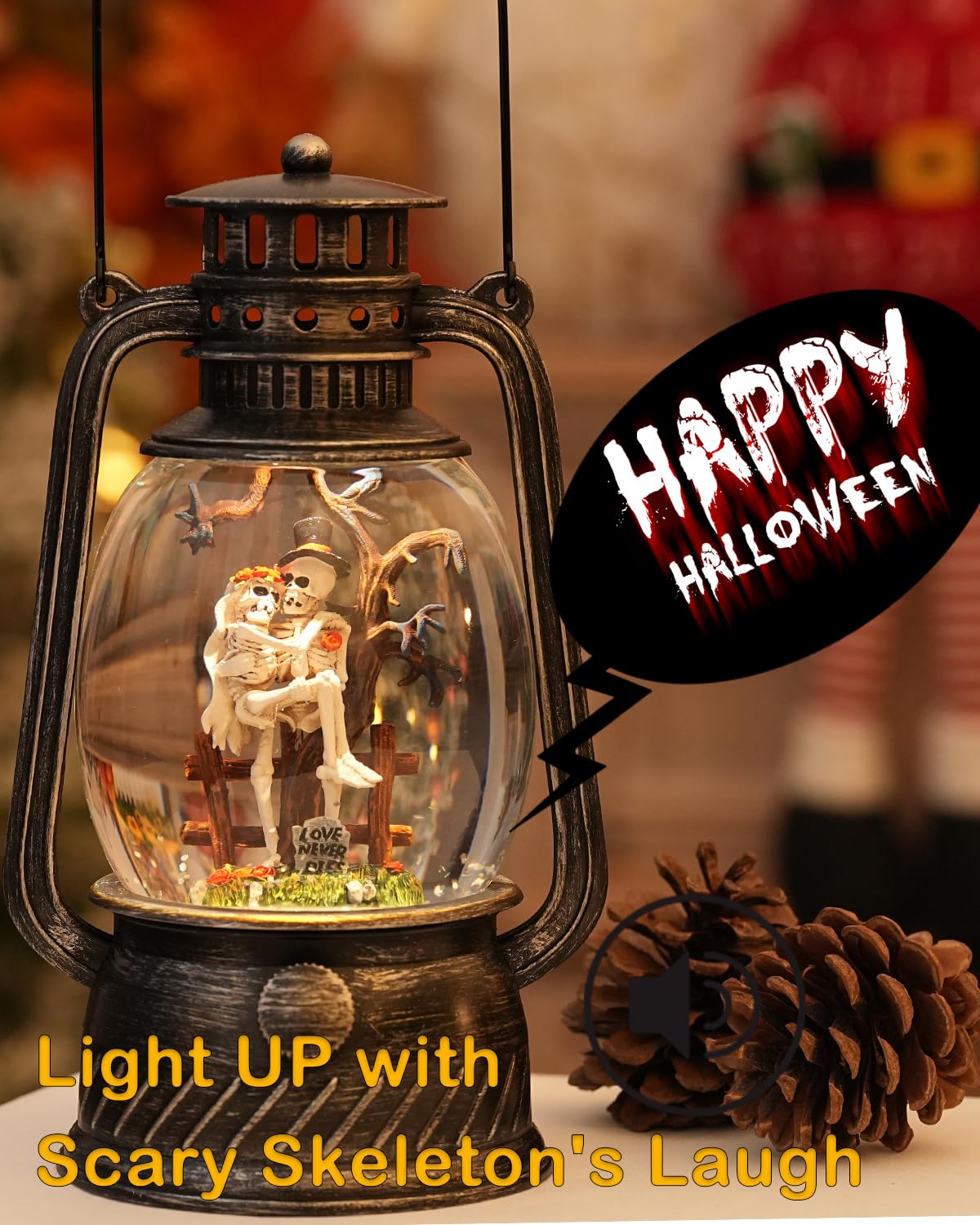 Halloween Snow Globe, Halloween Decorations Indoor Light Up Snow Globe Lantern with Music, 6H Timer, Love Never Dies Swirling Glitter Halloween Lantern for Halloween Home Decorations - Halloween Happy