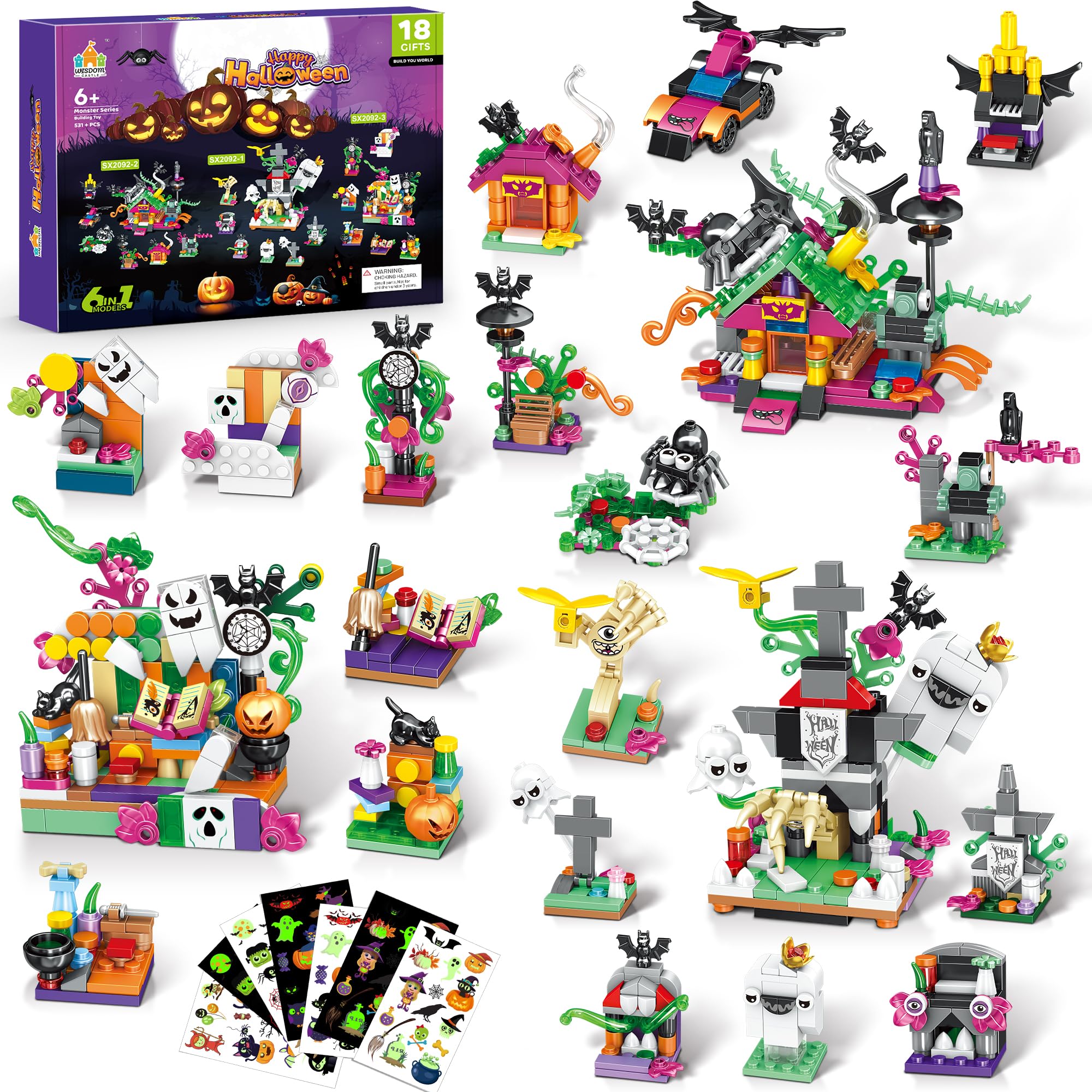Halloween Building Set – Trick - or - Treat Toy for Kids, 6 - in - 1 Building Blocks with 18 Mini Packs, Pumpkin Patch, Ghost & Bat Scenes, Glow Tattoos, Pretend Play, Halloween Party Favors, Boys & Girls 6+ - Halloween Happy