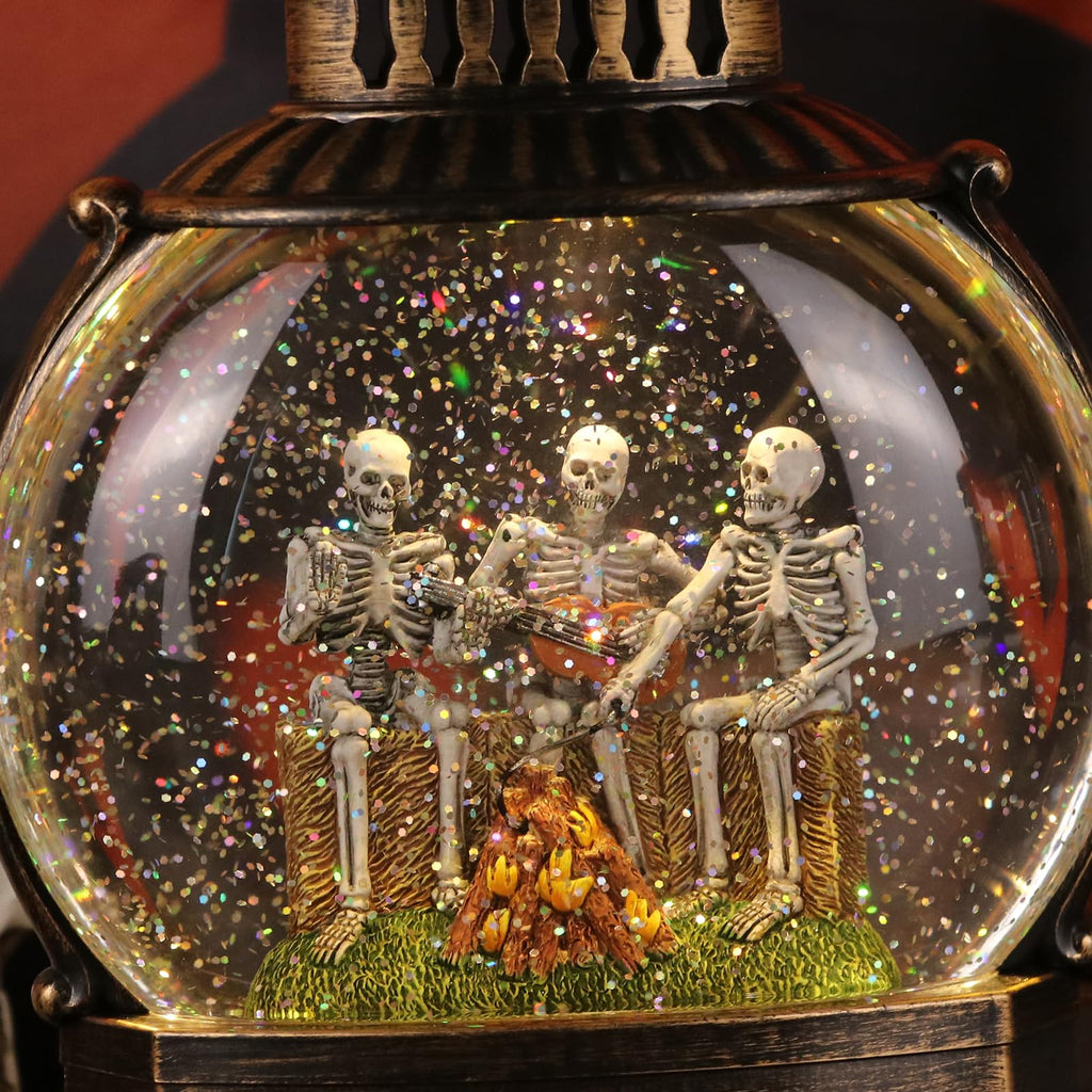 DRomance Halloween Skeleton Snow Globe Lantern with 6H Timer Battery Operated USB Powered Lighted Water Glitters Bronze Canteen Shaped Snow Globe Halloween Decoration Children Gift(6 x 3.2 x 11 Inch) - Halloween Happy