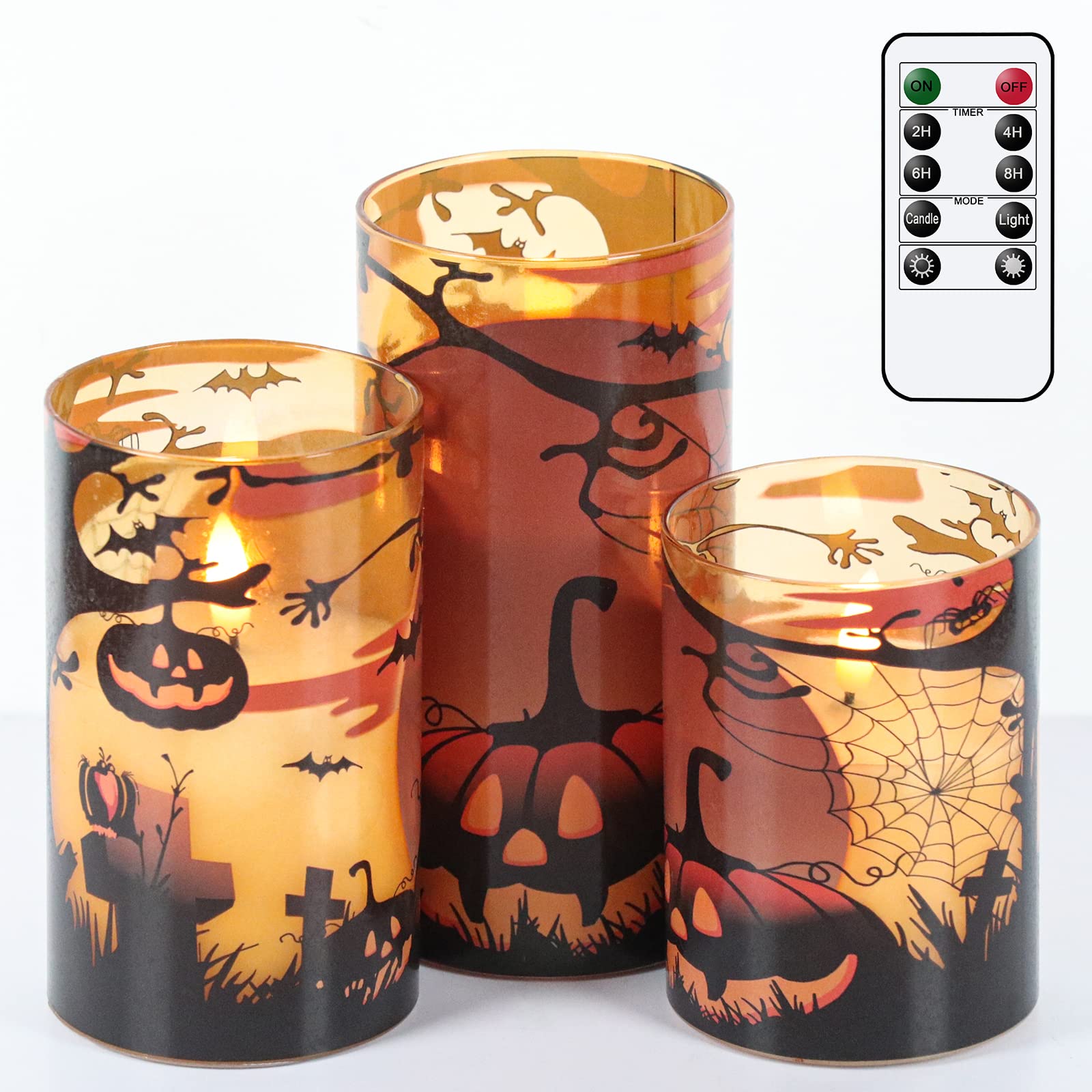 Eldnacele Halloween LED Flameless Flickering Candles Battery Operated with 6H Timer Skull Spider Web Crow Raven Spooky Decals Halloween Themed Indoor Decoration(3 Pack, D3 x H6) - Halloween Happy