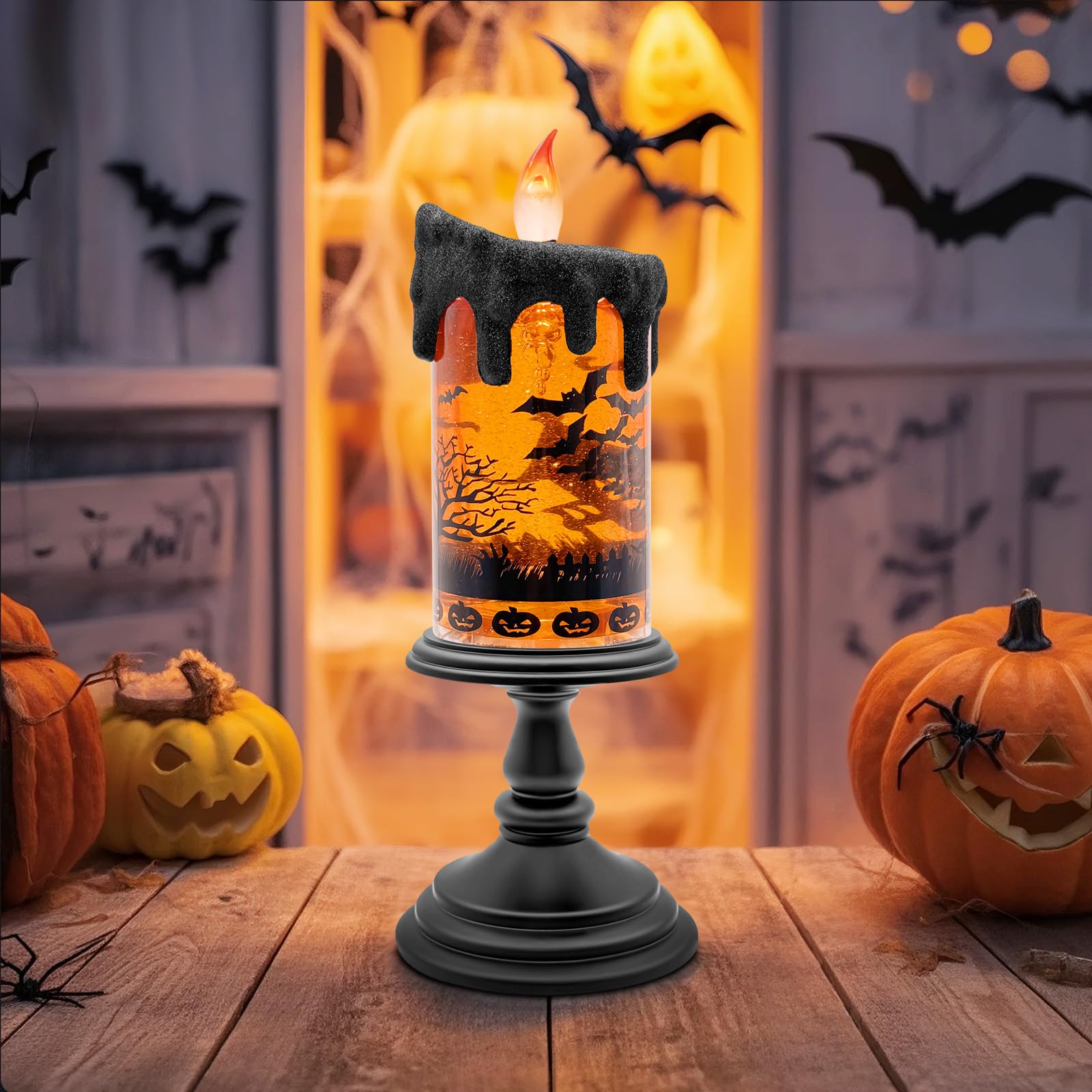 Halloween Snow Globe Flameless Candle – Lighted Halloween Glitter Lantern with Spinning Water and Timer, Pumpkin & Bat Scene Halloween Decor for Home, Party, Table Centerpiece - Halloween Happy