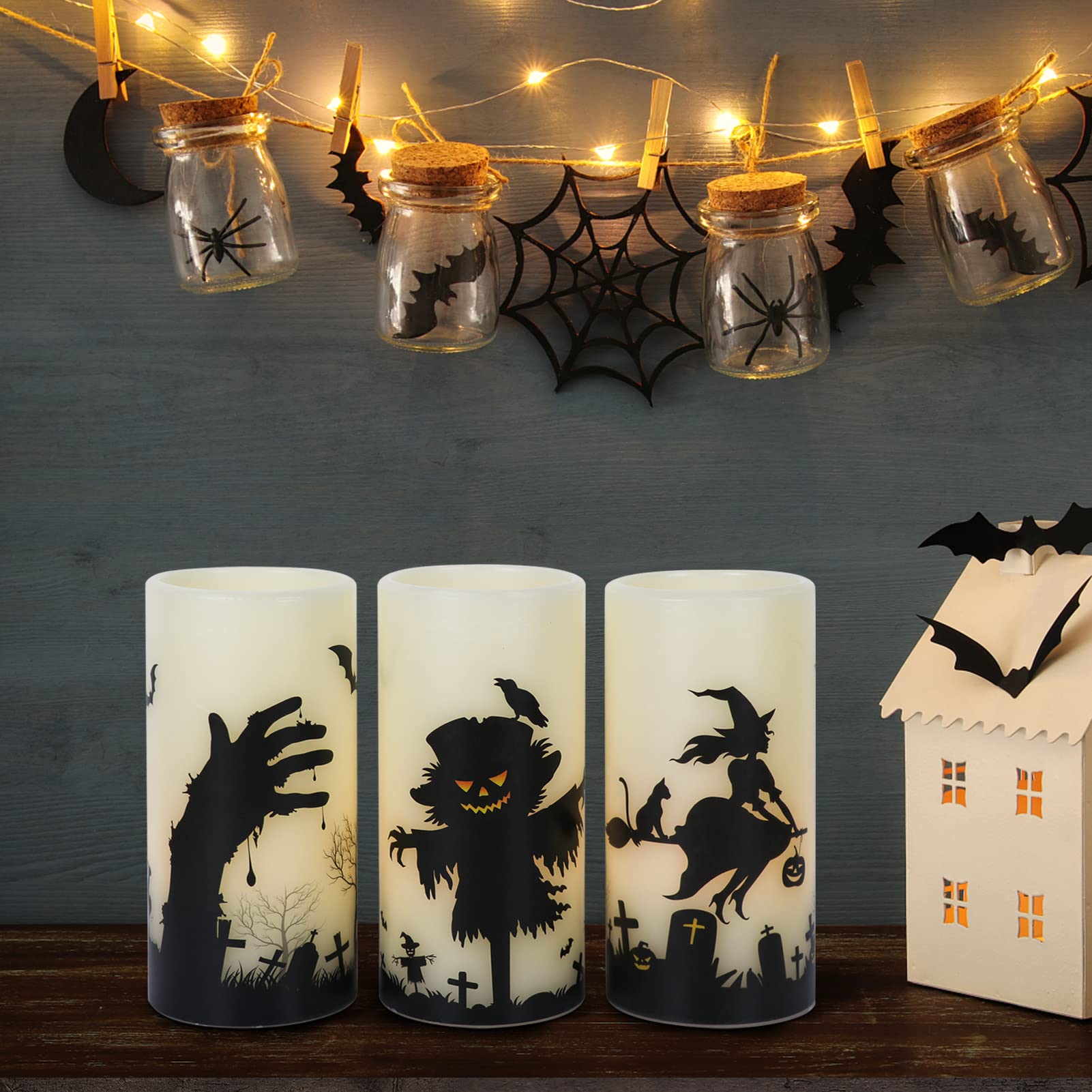 Eldnacele Halloween LED Flameless Flickering Candles Battery Operated with 6H Timer Skull Spider Web Crow Raven Spooky Decals Halloween Themed Indoor Decoration(3 Pack, D3 x H6) - Halloween Happy