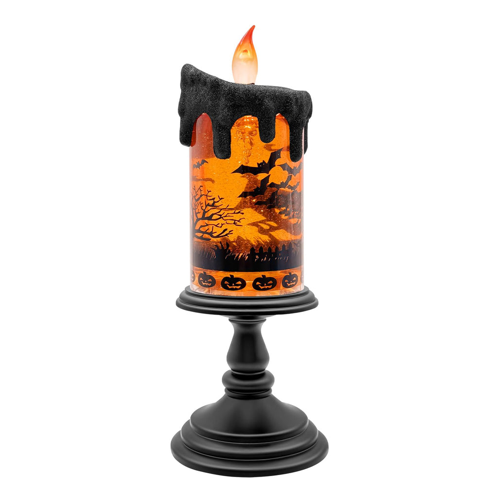 Halloween Snow Globe Flameless Candle – Lighted Halloween Glitter Lantern with Spinning Water and Timer, Pumpkin & Bat Scene Halloween Decor for Home, Party, Table Centerpiece - Halloween Happy