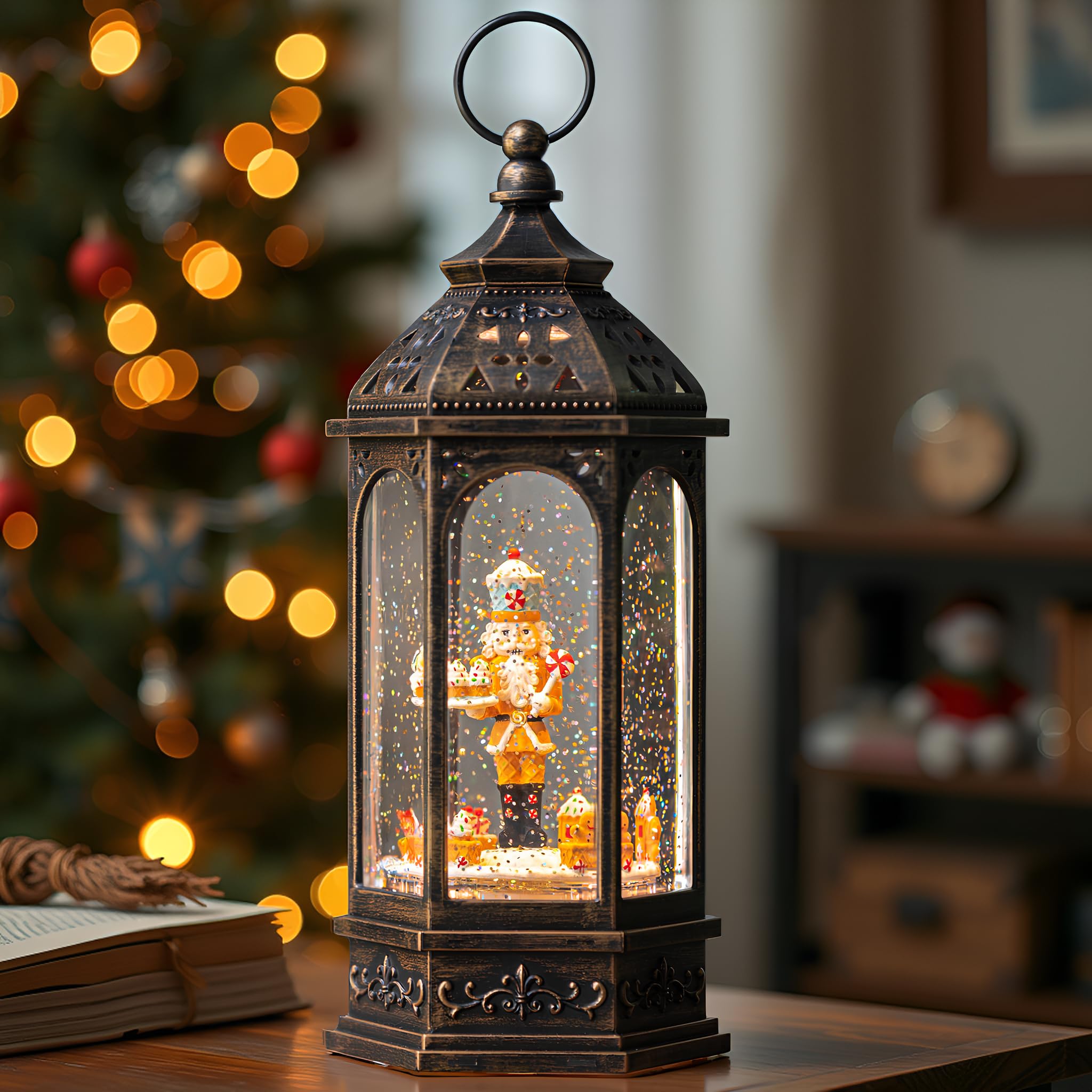 Halloween Snow Globe Lantern Water Glittering Spooky Witch' s Black Cat in Pumpkins with Music, USB Lined/Battery Operated Lighted Lantern for Halloween Festival Decoration Gifts - Halloween Happy
