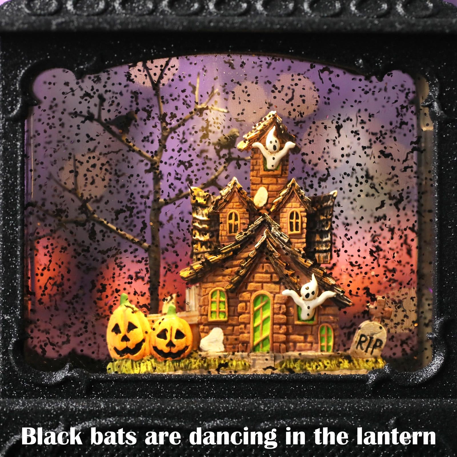 Halloween Snow Globe Lantern Haunted House Pumpkin Ghost Tree Crow Rip Dancing Bats with Timer, USB and Battery Powered 12 inch - Halloween Happy