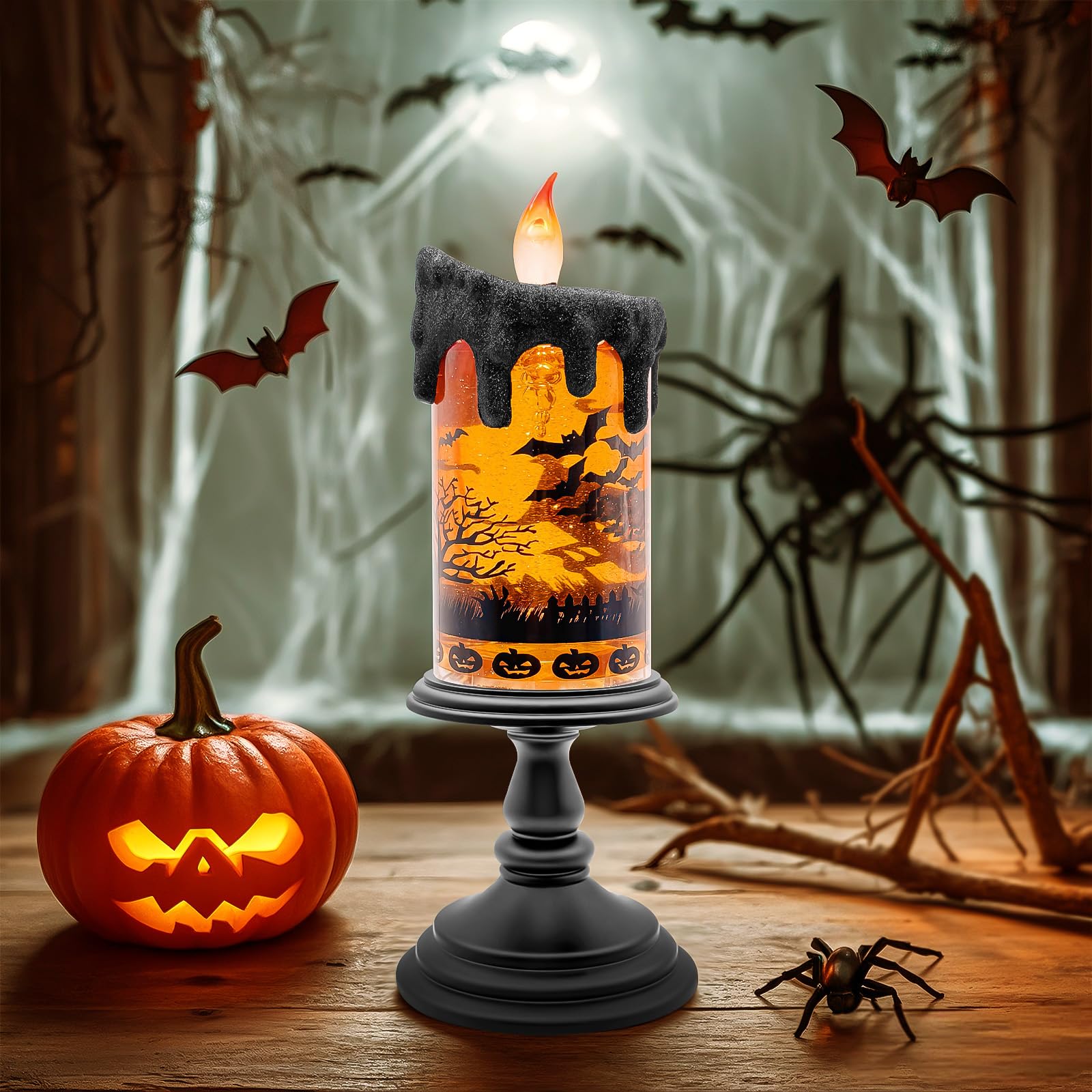 Halloween Snow Globe Flameless Candle – Lighted Halloween Glitter Lantern with Spinning Water and Timer, Pumpkin & Bat Scene Halloween Decor for Home, Party, Table Centerpiece - Halloween Happy