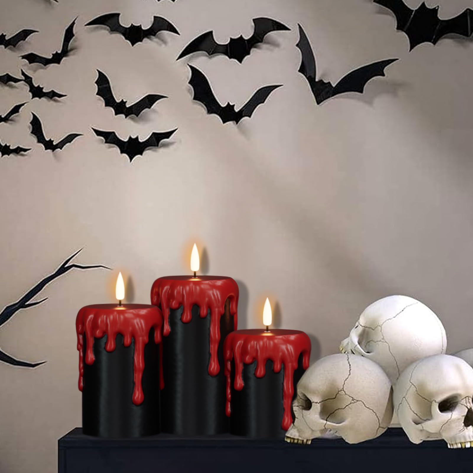 Eldnacele Halloween LED Flameless Flickering Candles Battery Operated with 6H Timer Skull Spider Web Crow Raven Spooky Decals Halloween Themed Indoor Decoration(3 Pack, D3 x H6) - Halloween Happy