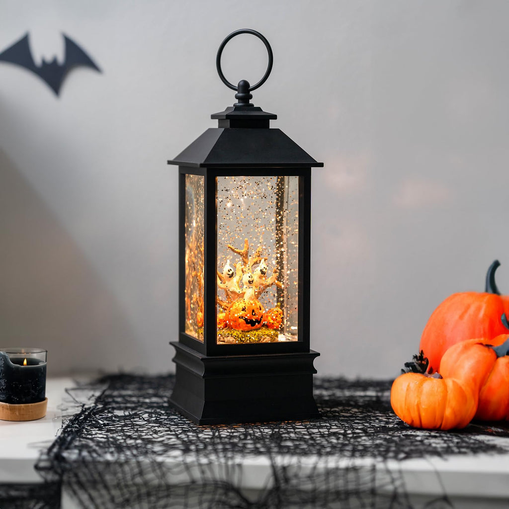 Halloween Snow Globe Lantern Water Glittering Spooky Witch' s Black Cat in Pumpkins with Music, USB Lined/Battery Operated Lighted Lantern for Halloween Festival Decoration Gifts - Halloween Happy