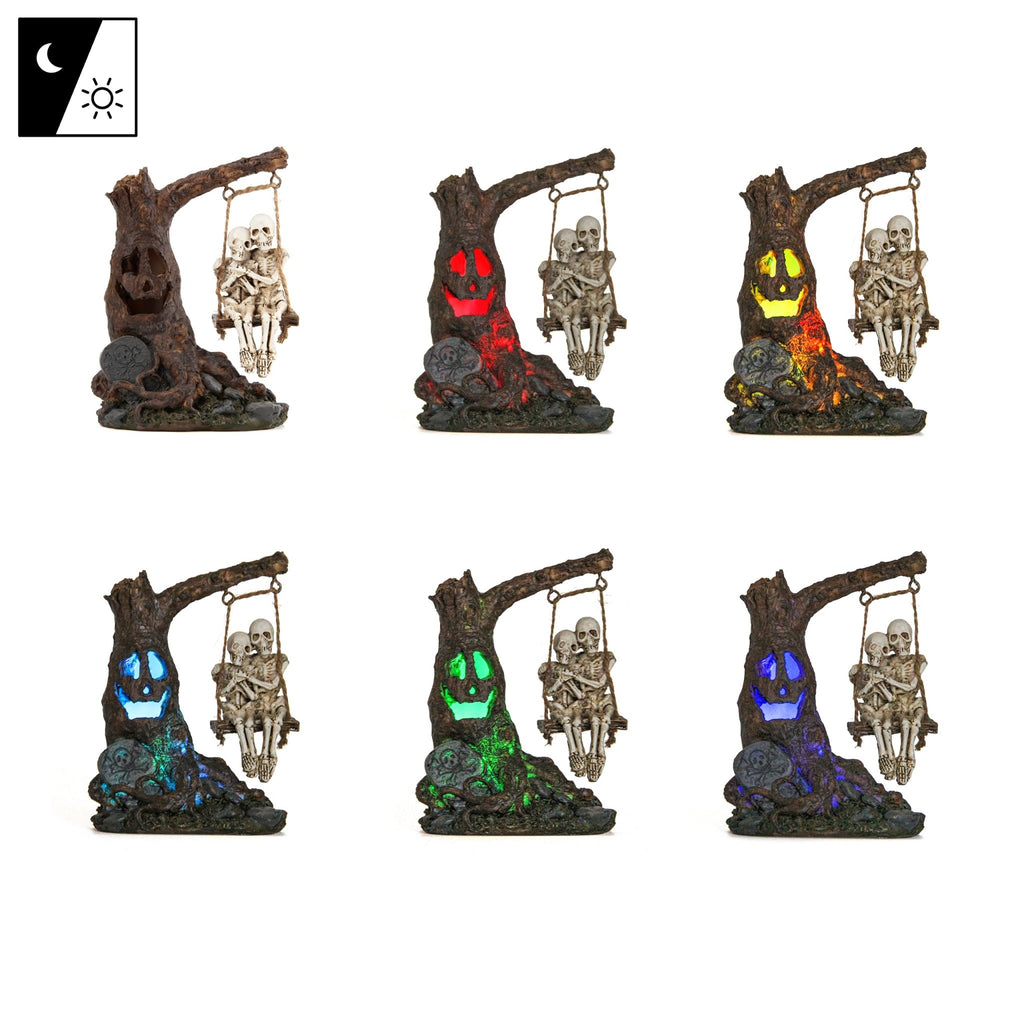 Halloween Skull Statue with Spooky LED Light for Holiday Decorations, Halloween Decor with Romantic Skeleton Couple on Swing Tombstone Tree, Grinning Skull Decor Props Haunted Collectible Gift - Halloween Happy
