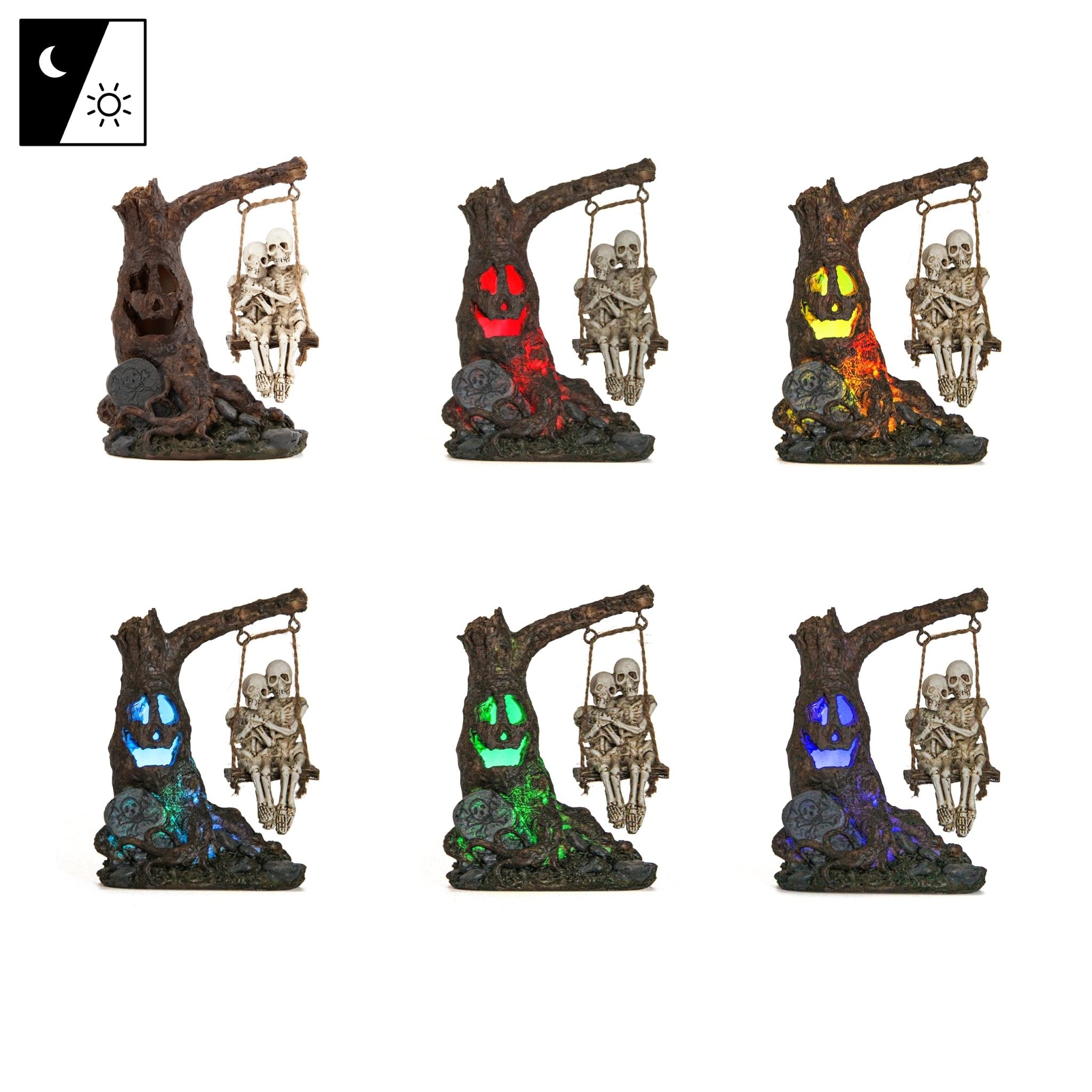 Halloween Skull Statue with Spooky LED Light for Holiday Decorations, Halloween Decor with Romantic Skeleton Couple on Swing Tombstone Tree, Grinning Skull Decor Props Haunted Collectible Gift - Halloween Happy