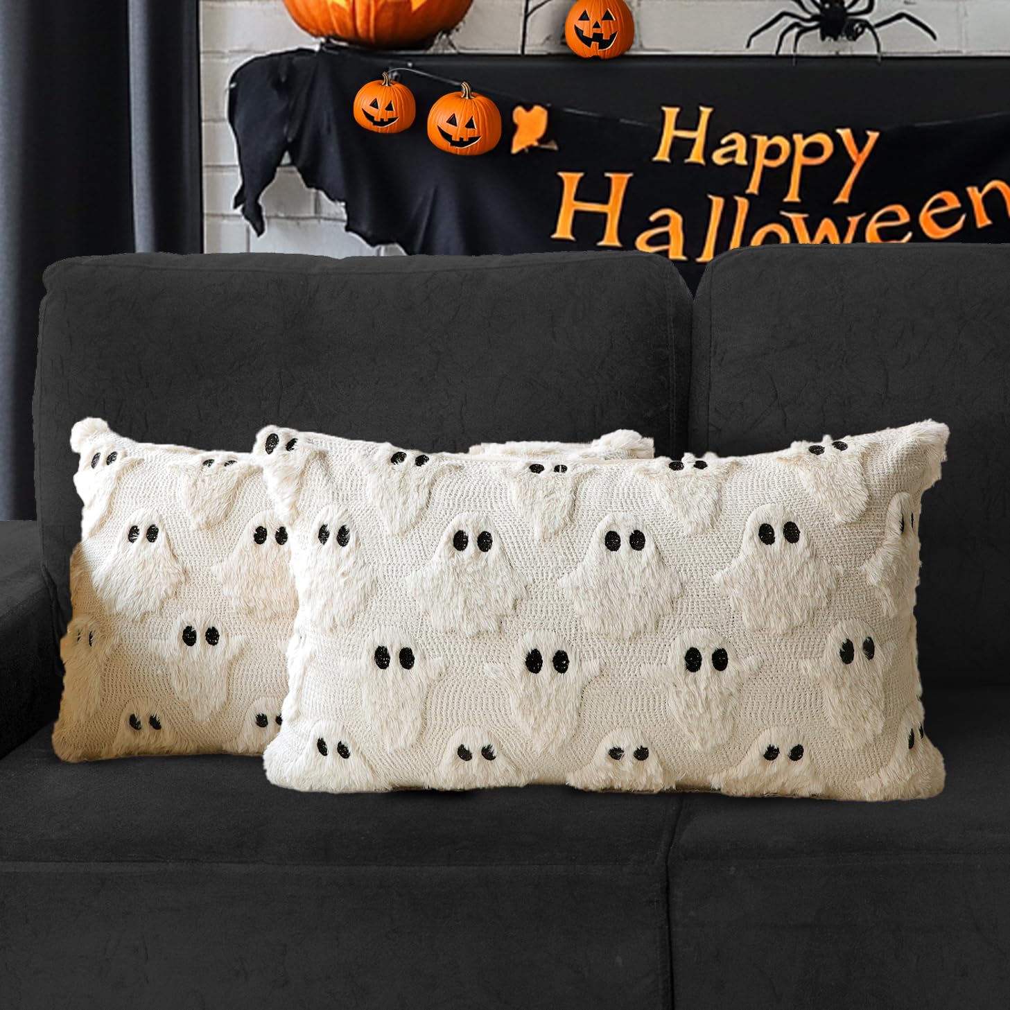 4TH Emotion Halloween Ghost Decorative Pillow Covers 18x18 Set of 2, White Soft Plush Faux Fur Farmhouse Throw Cushion Cases for Fall Autumn Holiday Home Decorations - Halloween Happy