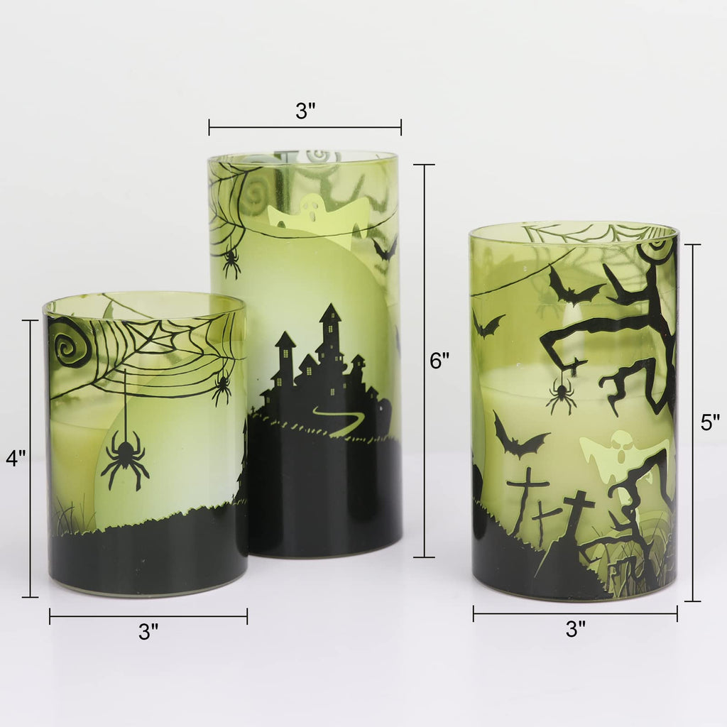 Eldnacele Halloween LED Flameless Flickering Candles Battery Operated with 6H Timer Skull Spider Web Crow Raven Spooky Decals Halloween Themed Indoor Decoration(3 Pack, D3 x H6) - Halloween Happy