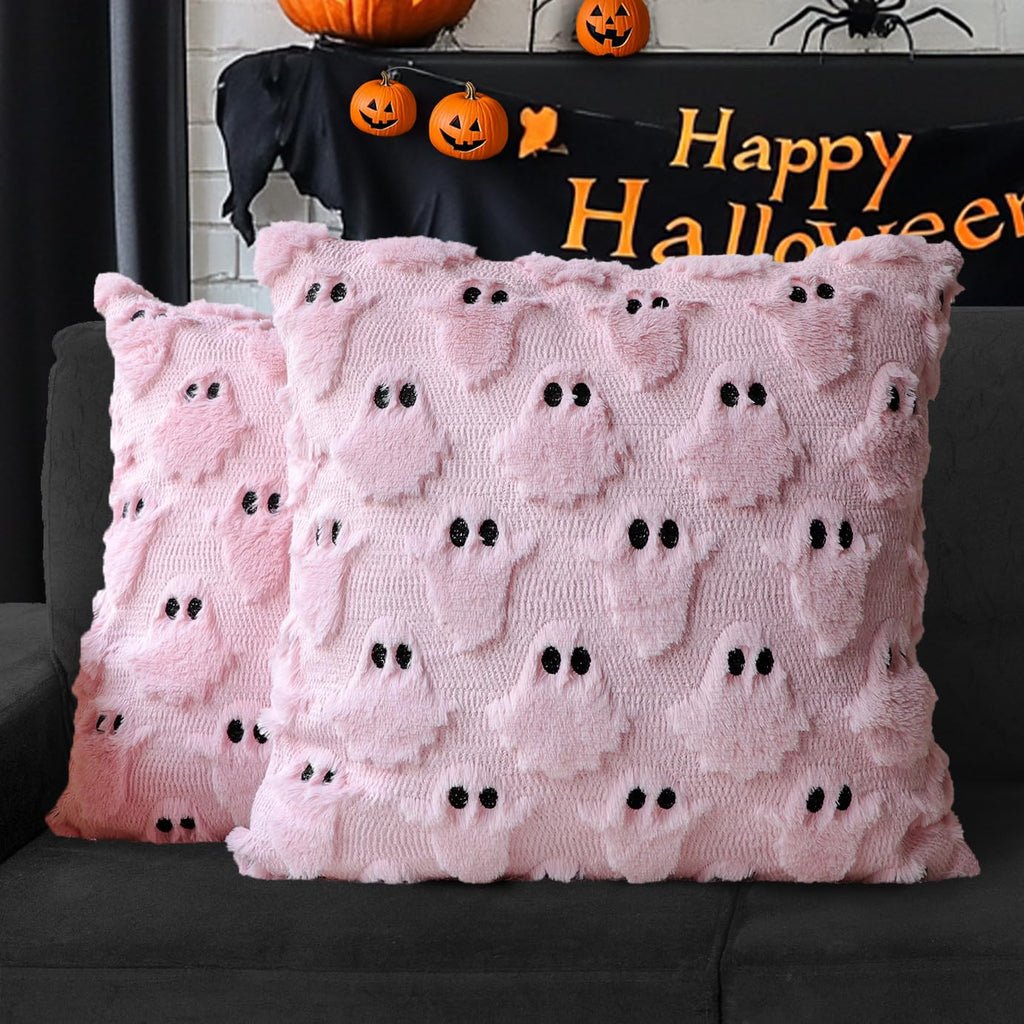 4TH Emotion Halloween Ghost Decorative Pillow Covers 18x18 Set of 2, White Soft Plush Faux Fur Farmhouse Throw Cushion Cases for Fall Autumn Holiday Home Decorations - Halloween Happy