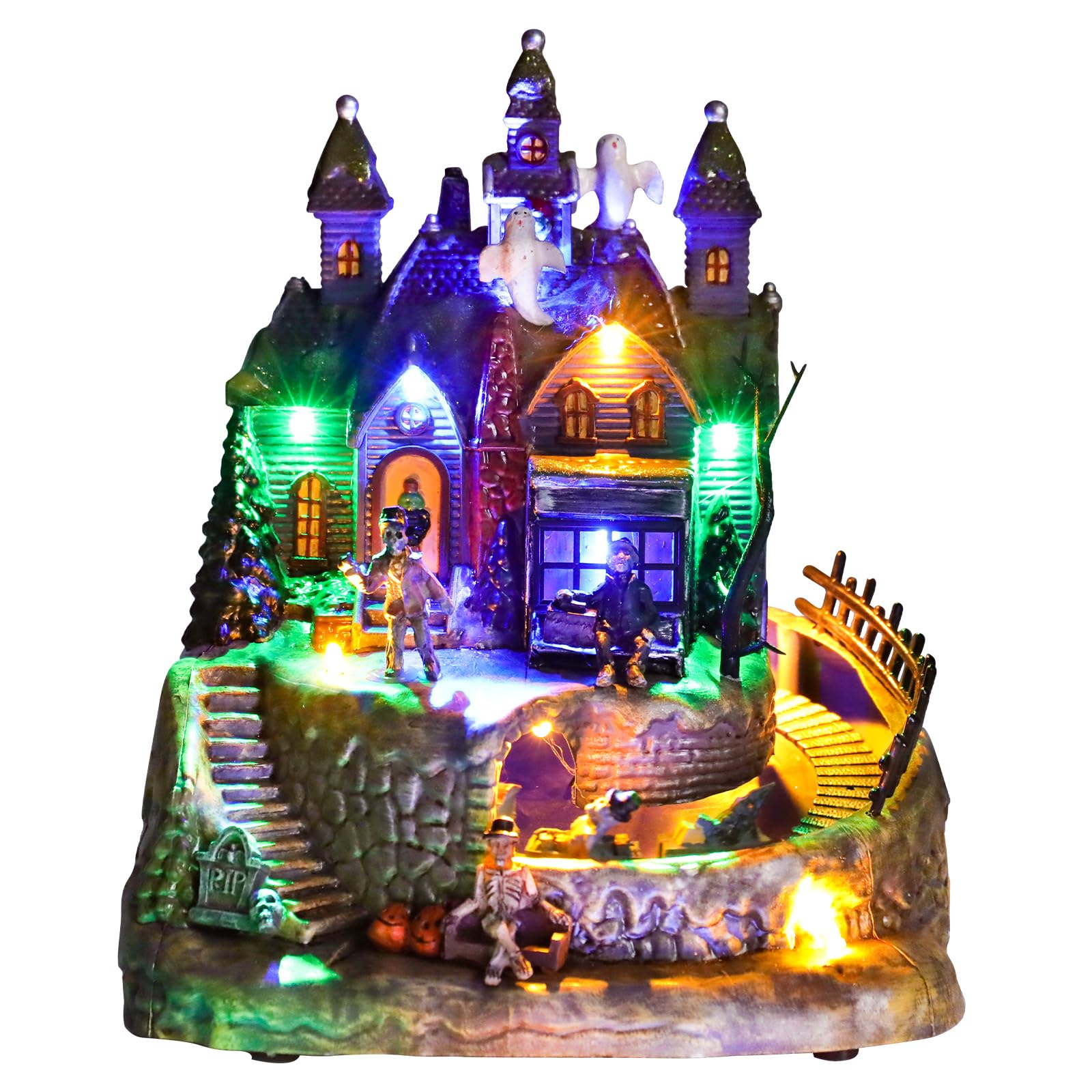 DREAM GARDEN Halloween Village Collection, Lighted Spooky Haunted House with Animated Train and Scary Sound Halloween Collectible Bulidings with Skull, Pumpkin, Ghost for Holiday Party Tabletop Decor - Halloween Happy