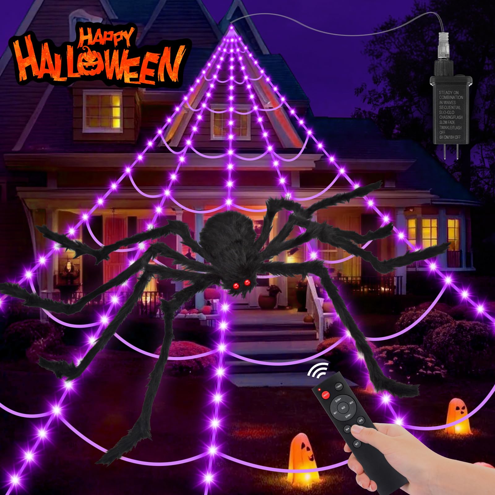200" Halloween Spider Web + 59" Giant Spider Decorations Fake Spiders with Triangular Huge Spiders Web for Indoor Outdoor Halloween Decorations Yard Home Costumes Parties Haunted House Décor - Halloween Happy