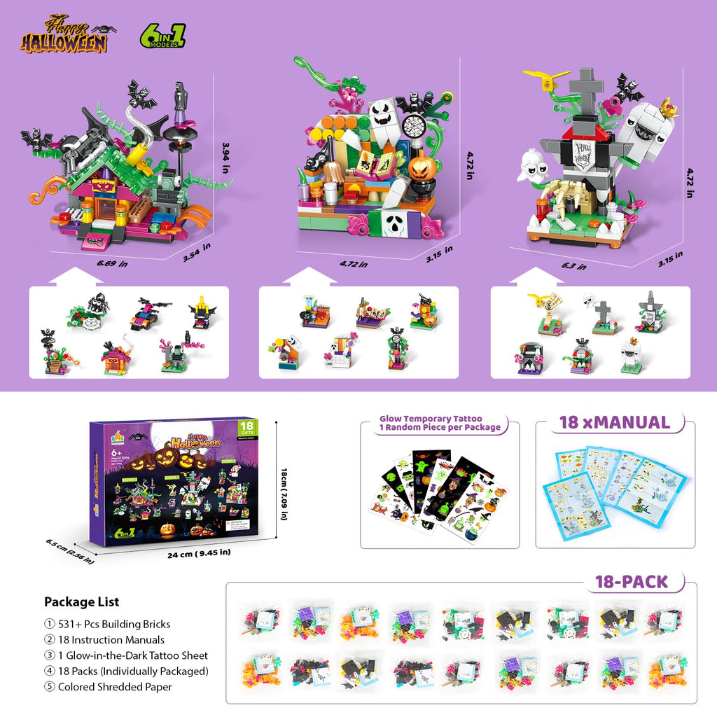 Halloween Building Set – Trick - or - Treat Toy for Kids, 6 - in - 1 Building Blocks with 18 Mini Packs, Pumpkin Patch, Ghost & Bat Scenes, Glow Tattoos, Pretend Play, Halloween Party Favors, Boys & Girls 6+ - Halloween Happy