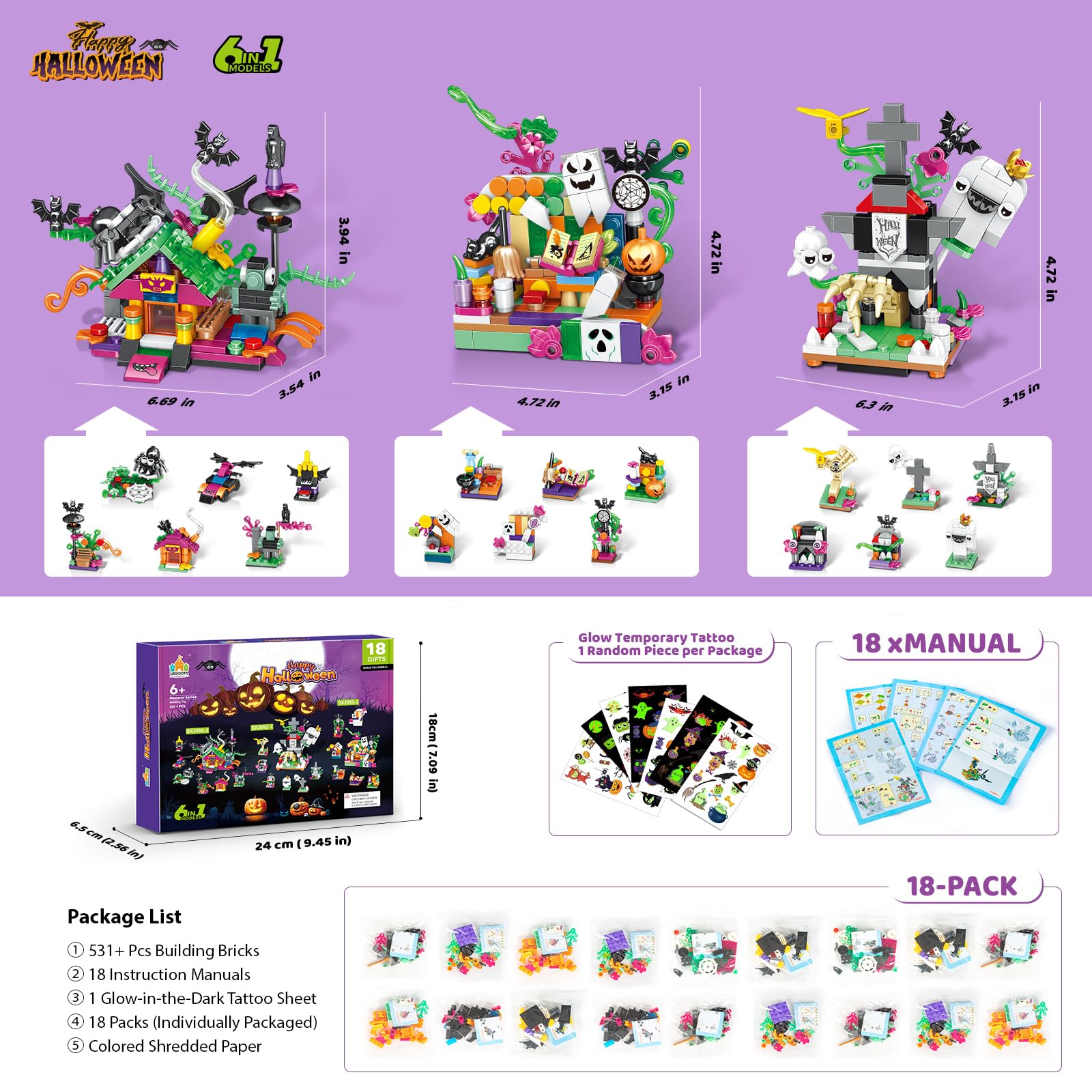 Halloween Building Set – Trick - or - Treat Toy for Kids, 6 - in - 1 Building Blocks with 18 Mini Packs, Pumpkin Patch, Ghost & Bat Scenes, Glow Tattoos, Pretend Play, Halloween Party Favors, Boys & Girls 6+ - Halloween Happy