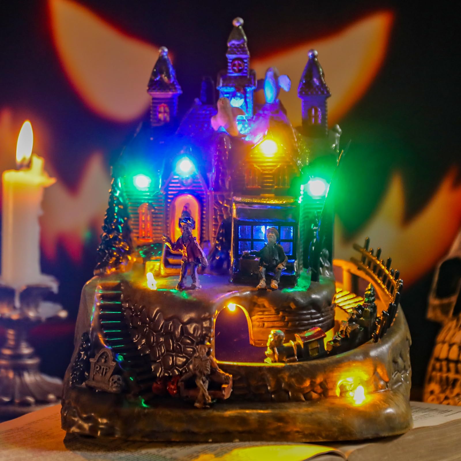 DREAM GARDEN Halloween Village Collection, Lighted Spooky Haunted House with Animated Train and Scary Sound Halloween Collectible Bulidings with Skull, Pumpkin, Ghost for Holiday Party Tabletop Decor - Halloween Happy