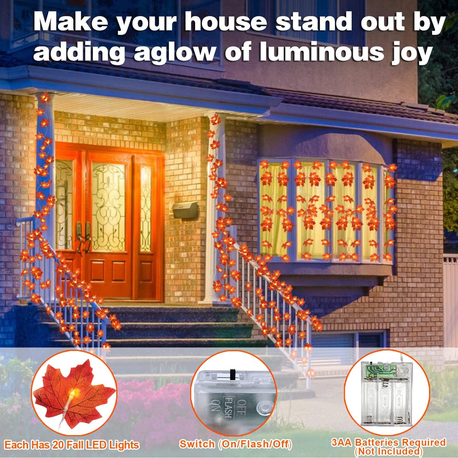 TURNMEON 2 Pack Fall Decor Enlarged Maples Leafed Lights Total 20Ft 40LED Thanksgiving Halloween Fall Decorations for Home,Battery Operated Autumn Garland Waterproof Indoor Outdoor Holiday Christmas - Halloween Happy