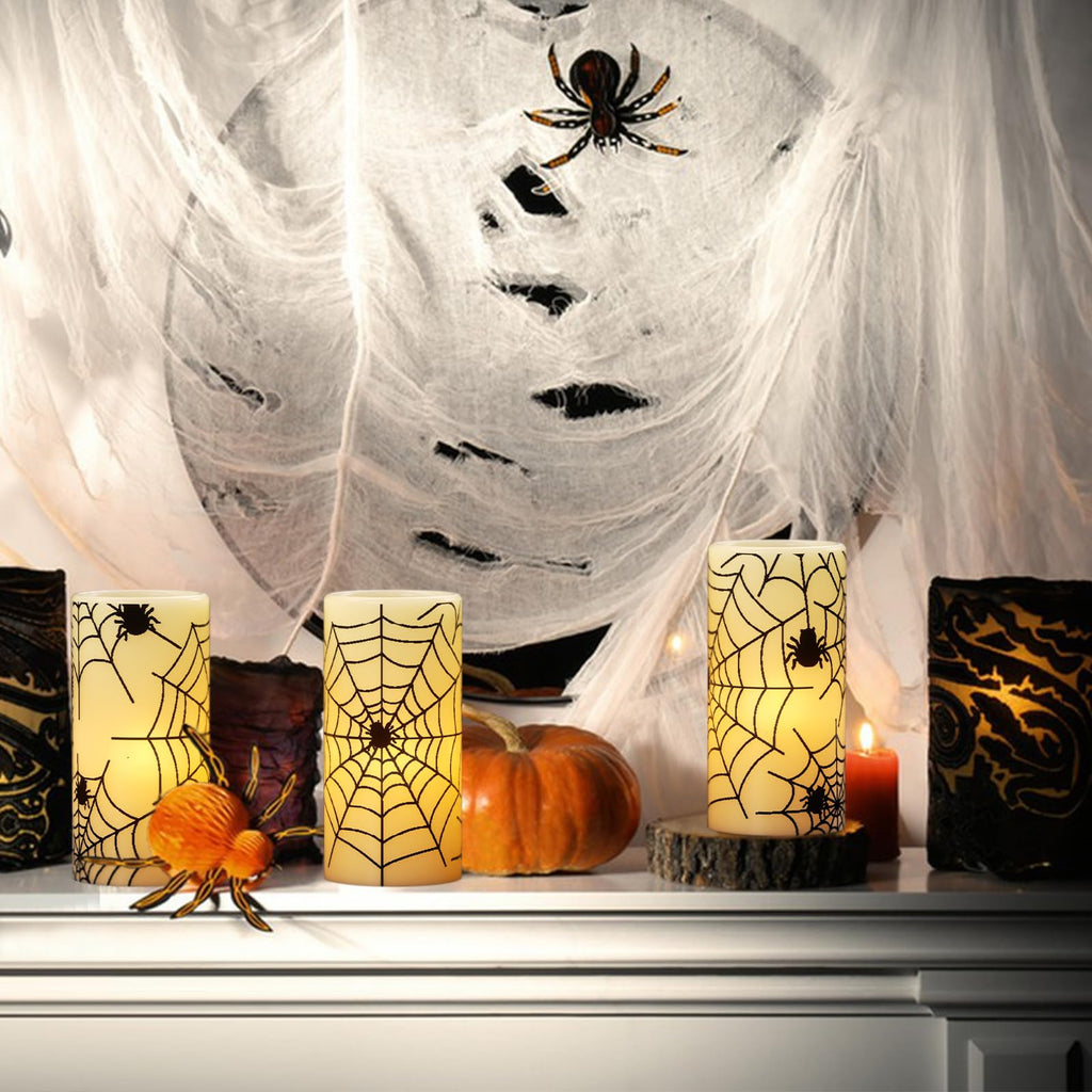 Eldnacele Halloween LED Flameless Flickering Candles Battery Operated with 6H Timer Skull Spider Web Crow Raven Spooky Decals Halloween Themed Indoor Decoration(3 Pack, D3 x H6) - Halloween Happy