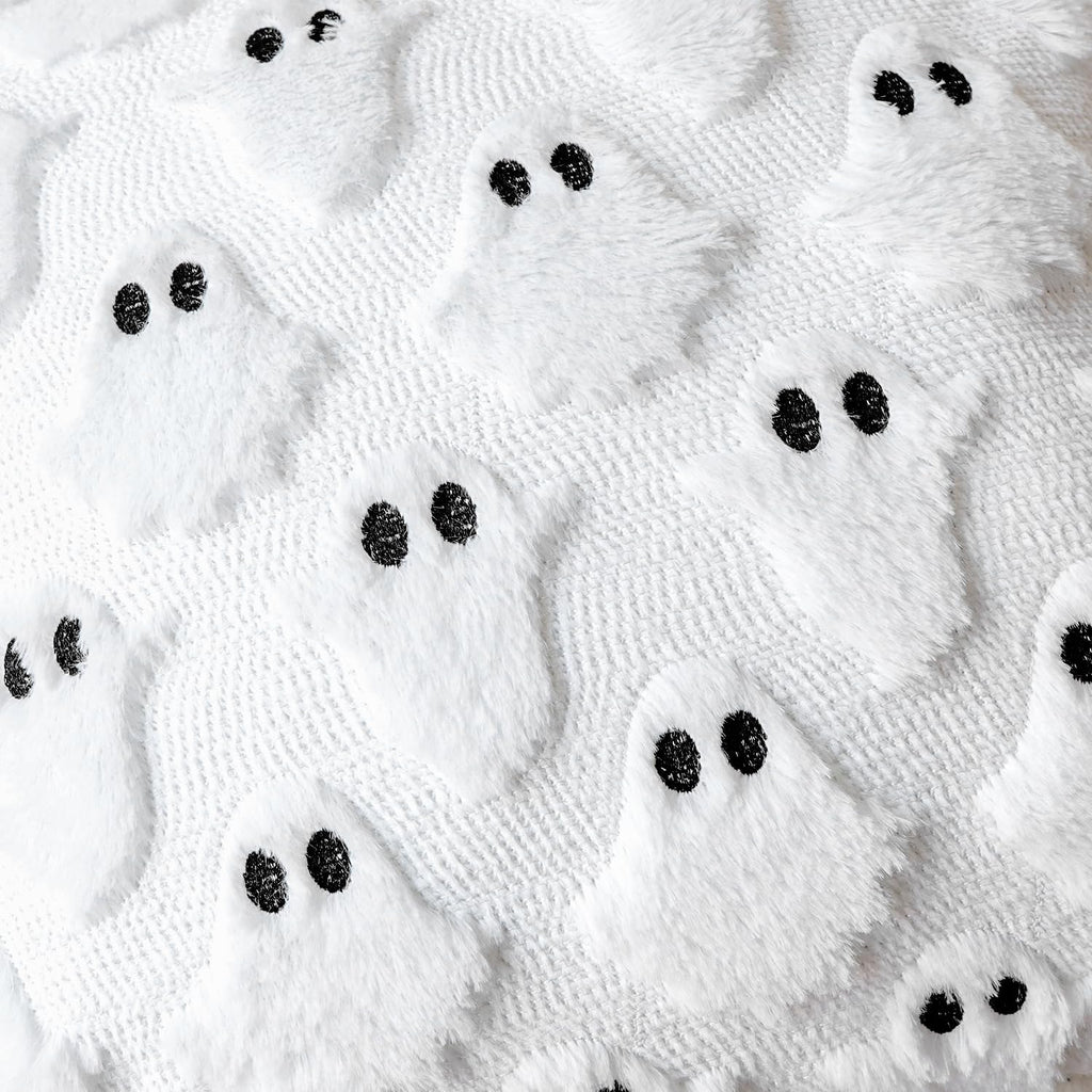 4TH Emotion Halloween Ghost Decorative Pillow Covers 18x18 Set of 2, White Soft Plush Faux Fur Farmhouse Throw Cushion Cases for Fall Autumn Holiday Home Decorations - Halloween Happy