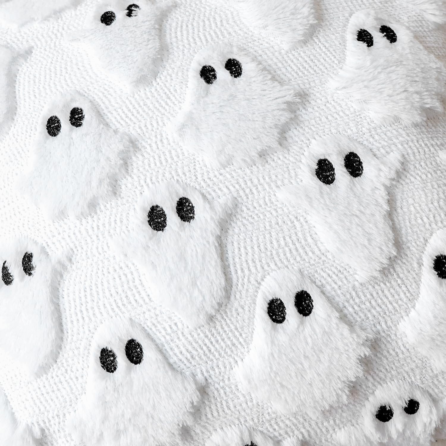 4TH Emotion Halloween Ghost Decorative Pillow Covers 18x18 Set of 2, White Soft Plush Faux Fur Farmhouse Throw Cushion Cases for Fall Autumn Holiday Home Decorations - Halloween Happy